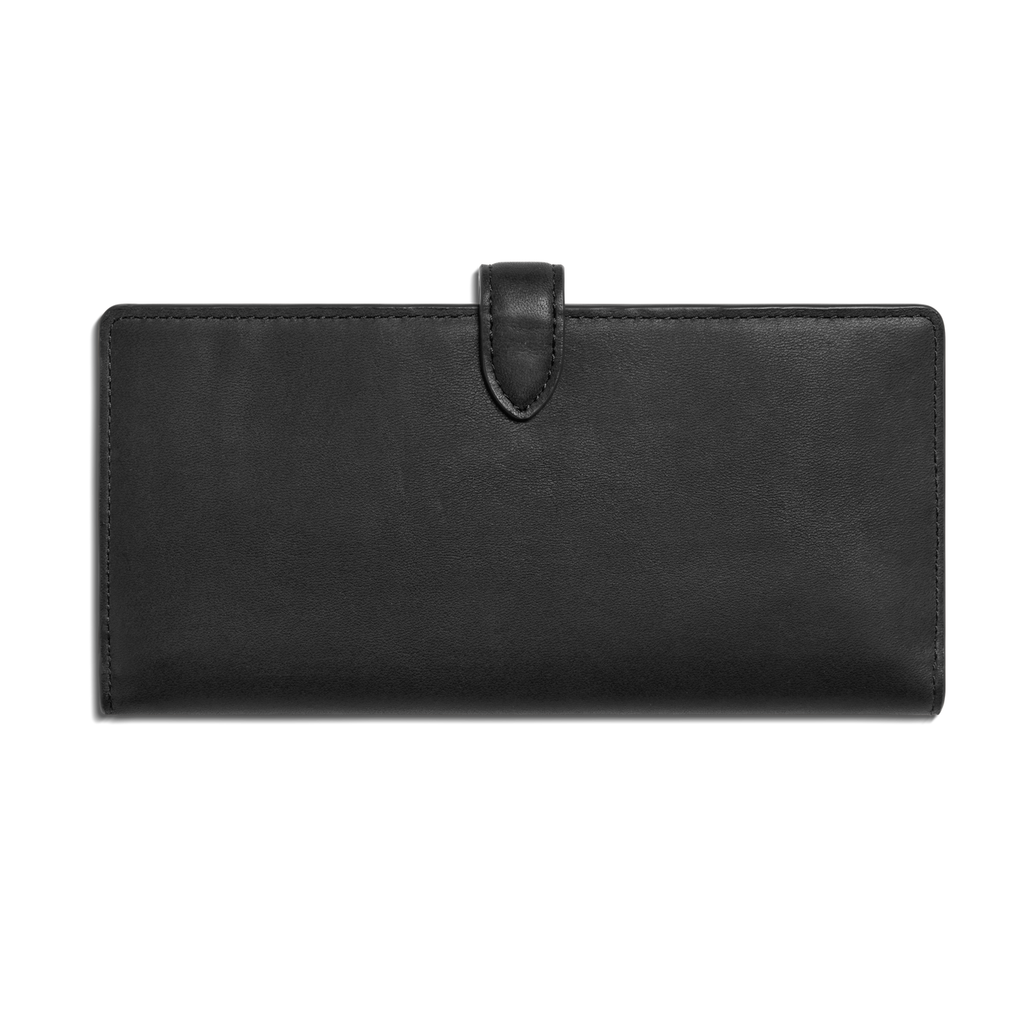 The Shinola Continental Snap Wallet - Black is a closed, rectangular wallet made from natural leather with a snap tab closure, shown on a plain white background.