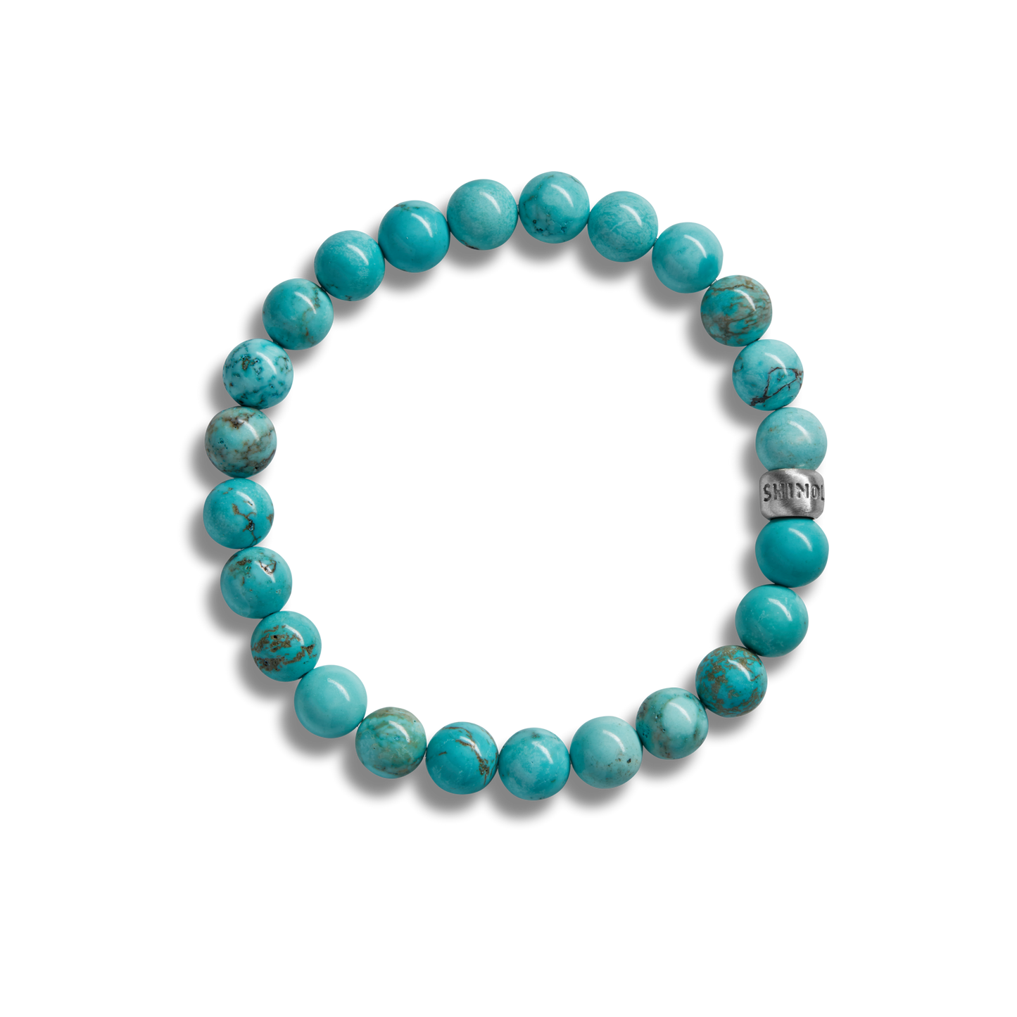 The Shinola 8mm Beaded Bracelet Turquoise features polished turquoise beads and a sterling silver accent engraved with “SHIN,” shown on a plain white background.