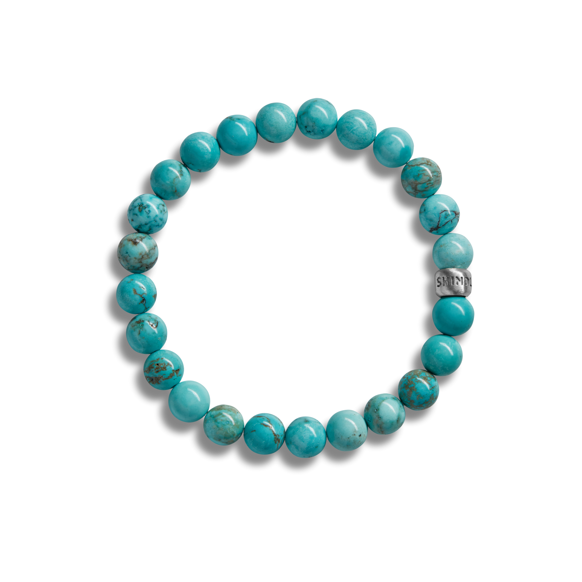 The Shinola 8mm Beaded Bracelet Turquoise features polished turquoise beads and a sterling silver accent engraved with “SHIN,” shown on a plain white background.