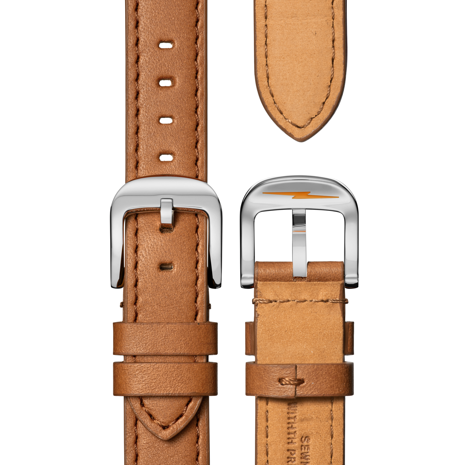 Shinola Canfield Watch with a blue dial and tan leather strap features silver buckle accents. Displayed vertically on white, this stylish band is ideal for pairing with stainless steel cases and suits watches with the Argonite 705 movement.