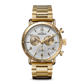 The Shinola Canfield Sport Chronograph Watch - Silver features a gold stainless steel case, silver dial with two subdials, date display, gold hour markers, three side buttons, and a matching gold metal bracelet.