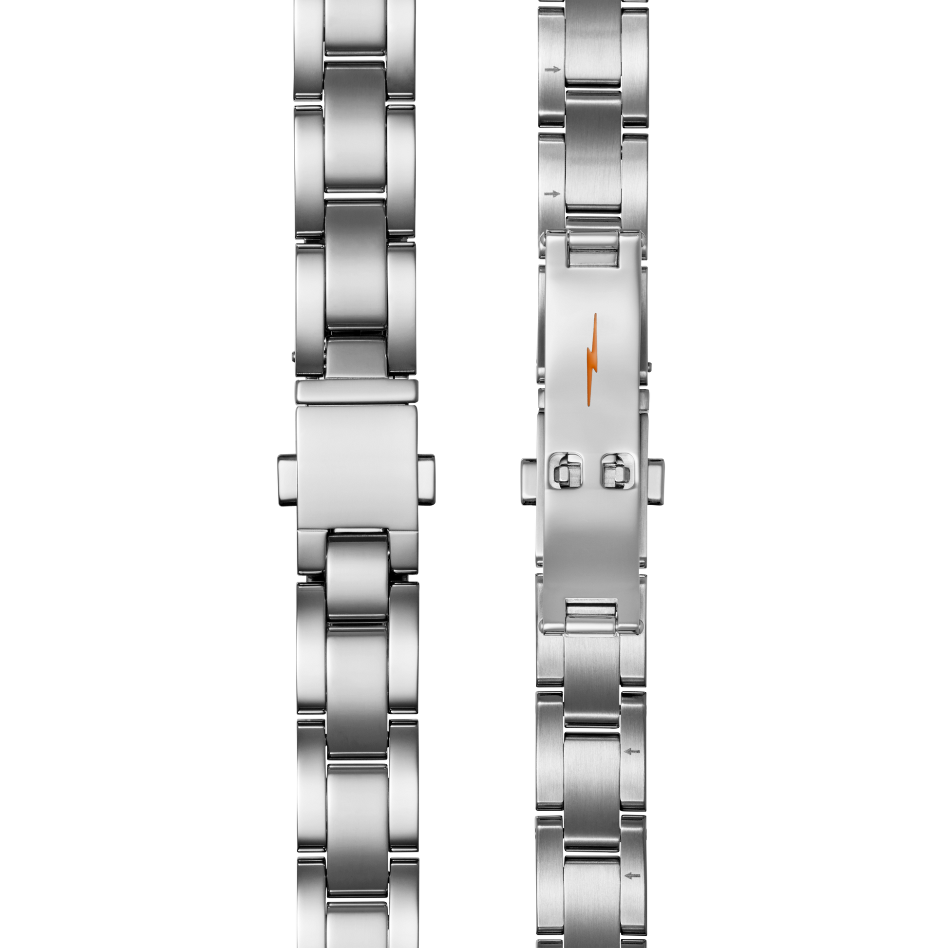 Two views of the Shinola Bracelet: 14/10, Universal 3Link, Butterfly A in polished stainless steel: the left shows the clasp closed; the right shows it open with an orange lightning bolt symbol on the clasp.