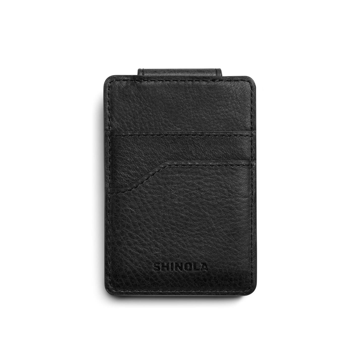 The Shinola Magnetic Money Clip Card Holder in black features multiple card slots and a sleek, minimalist design—perfect for monogramming to personalize. Displayed against a white background.