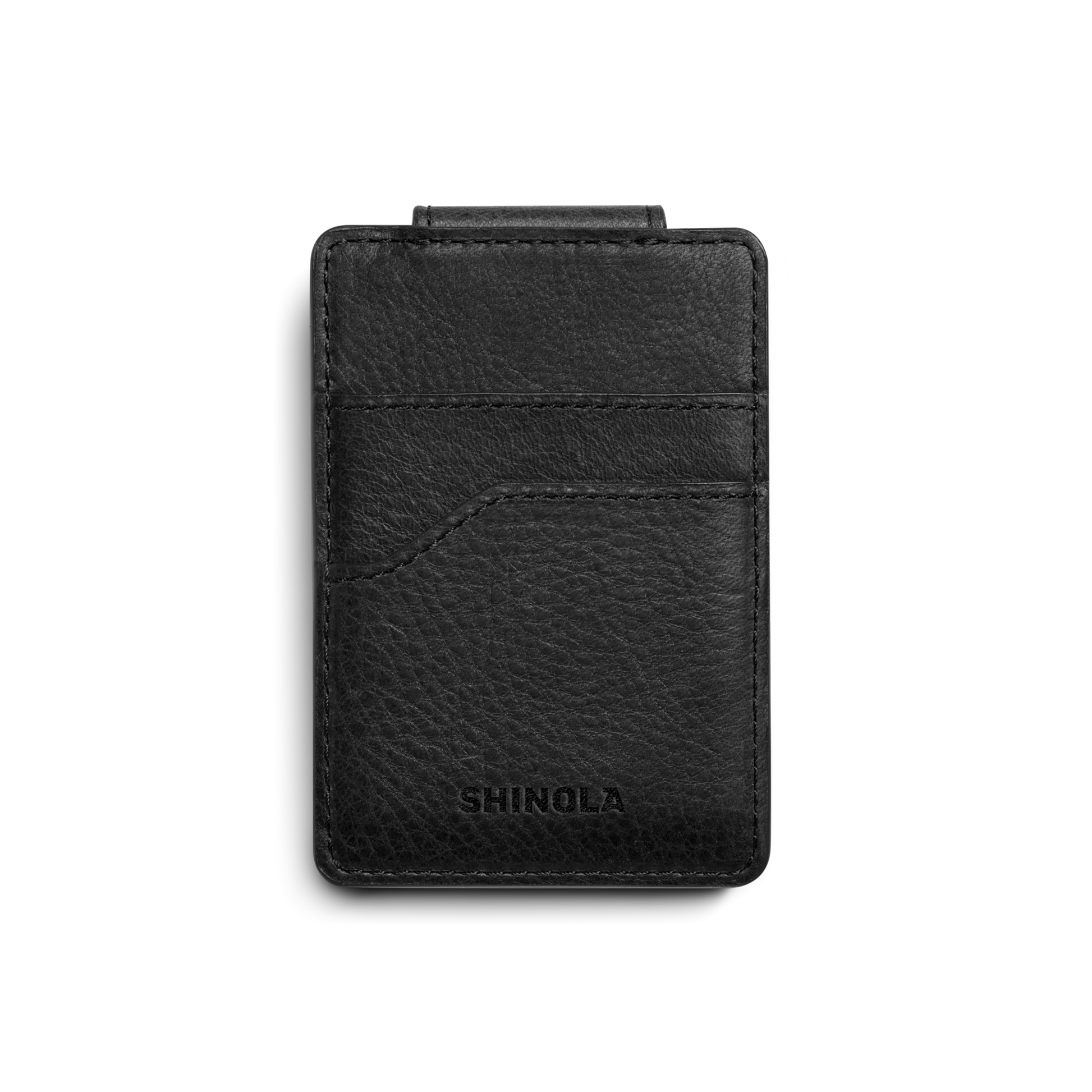 The Shinola Magnetic Money Clip Card Holder in black features multiple card slots and a sleek, minimalist design—perfect for monogramming to personalize. Displayed against a white background.