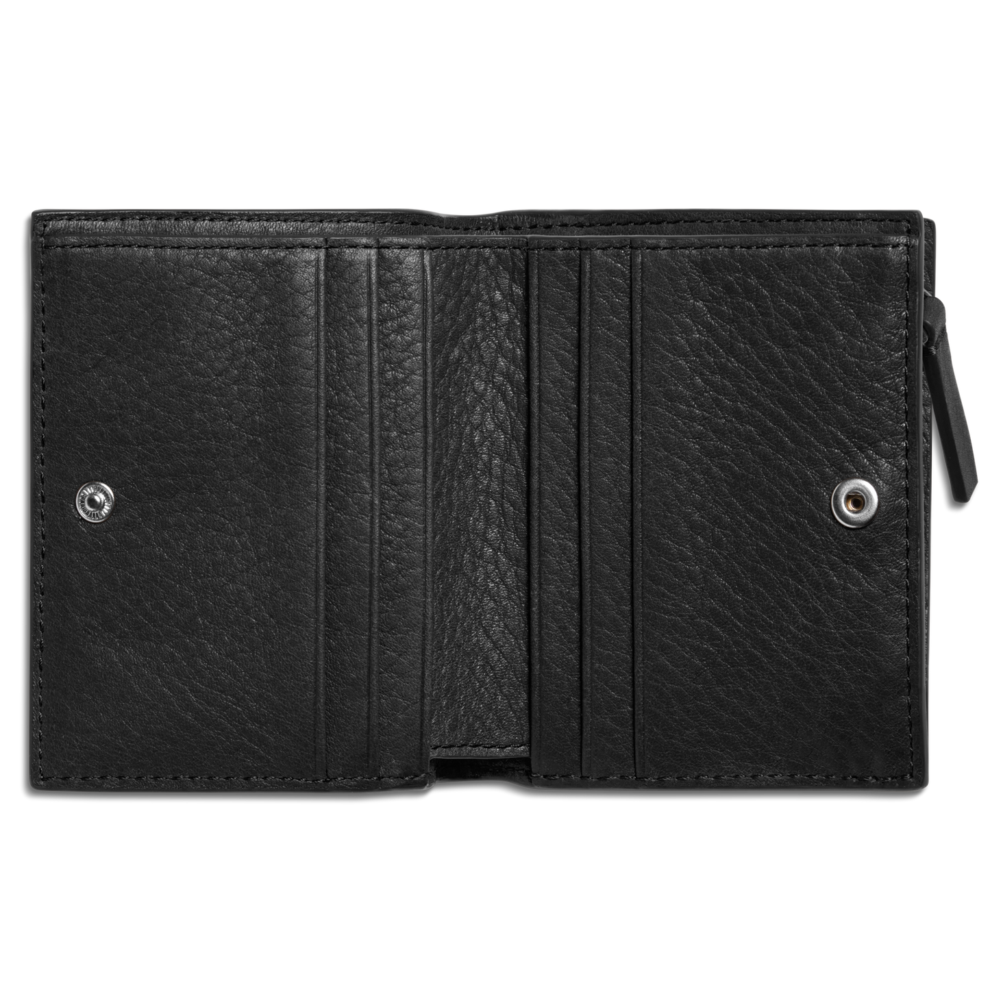 The Shinola Coin Bifold - Black opens to reveal multiple card slots, a snap-button closure, and a right zip pocket. Made from natural grain leather, this textured wallet is shown empty.