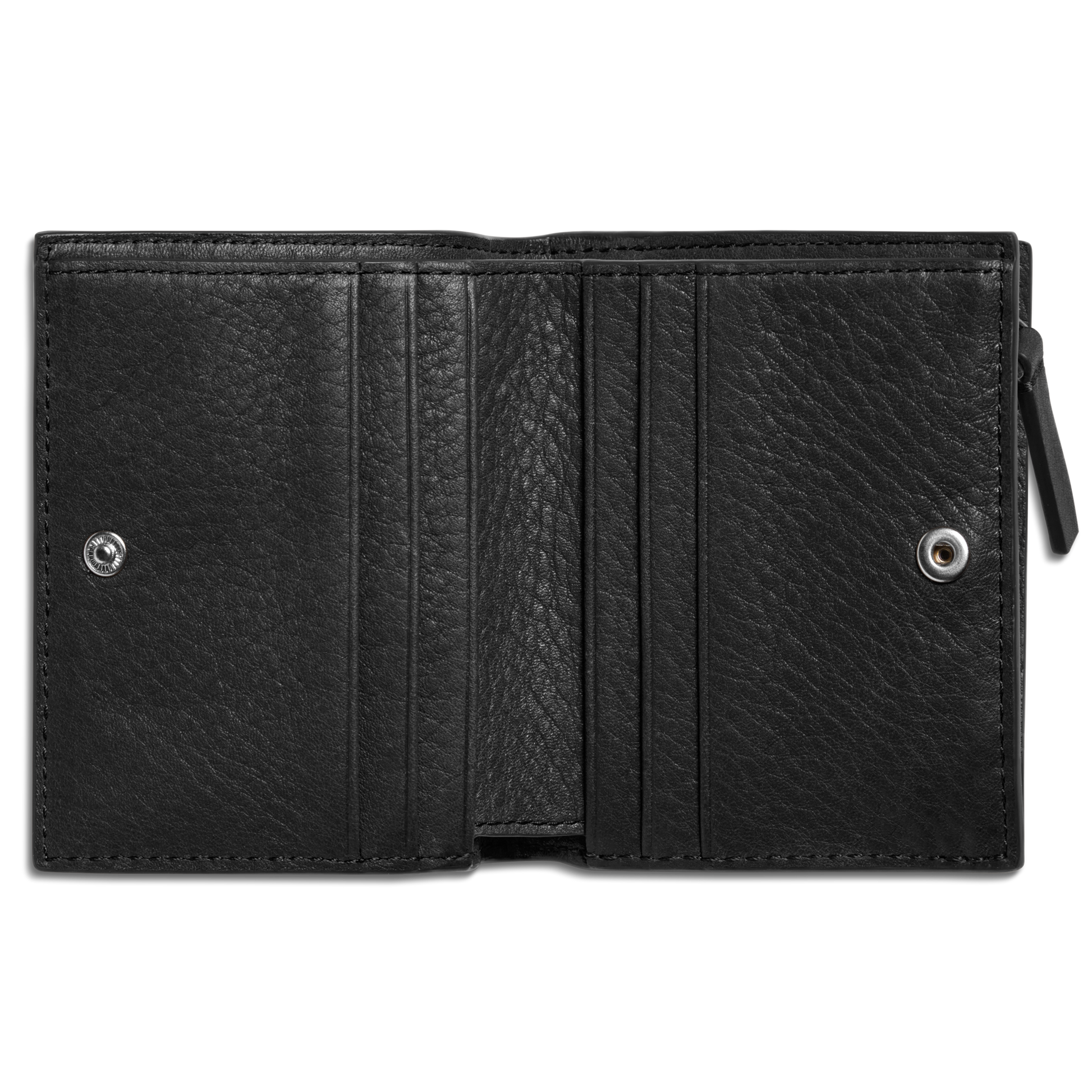 The Shinola Coin Bifold - Black opens to reveal multiple card slots, a snap-button closure, and a right zip pocket. Made from natural grain leather, this textured wallet is shown empty.