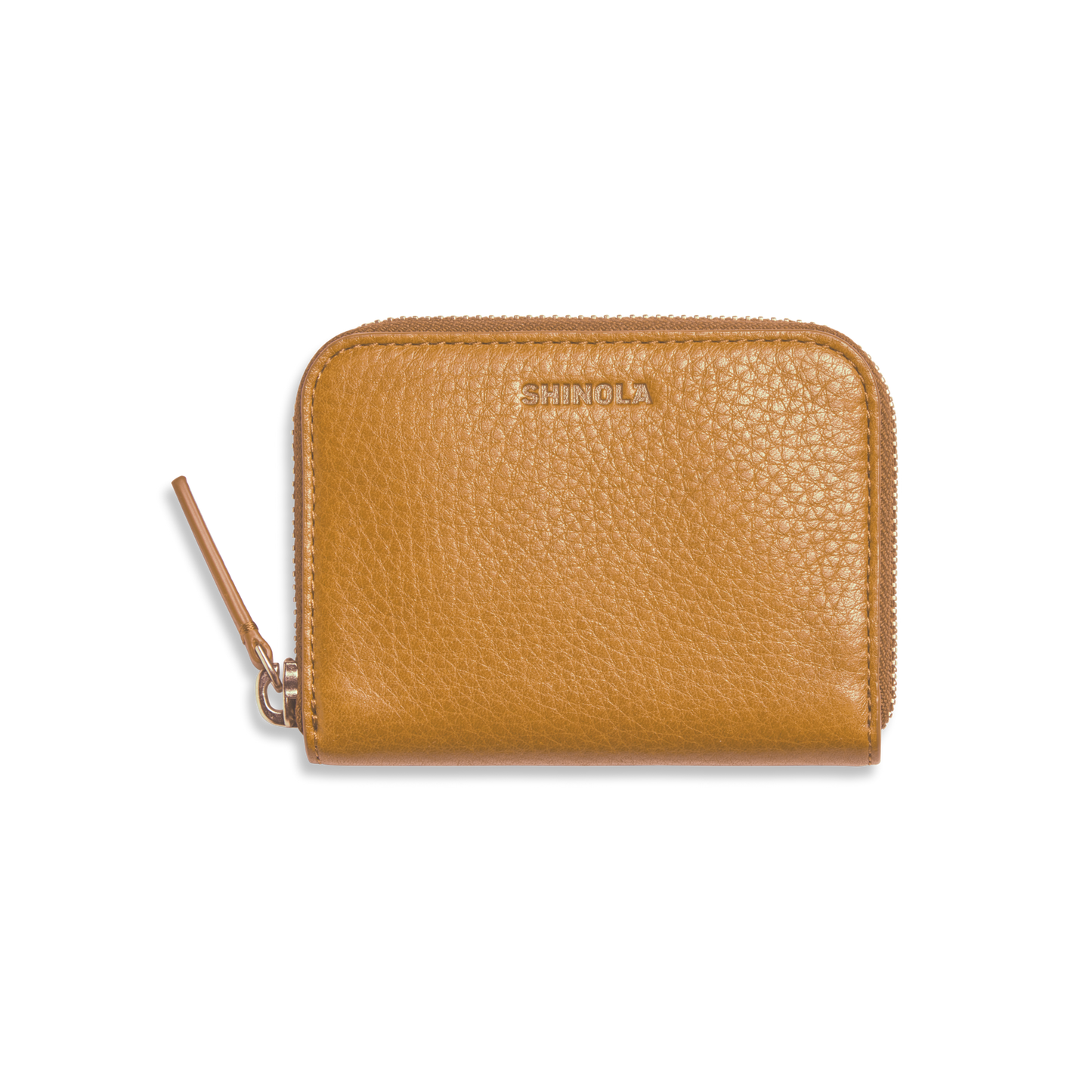 The Shinola Small Zip Wallet - Honey is crafted from natural grain leather in tan, with a textured finish and the Shinola logo embossed on the front, shown against a plain white background.