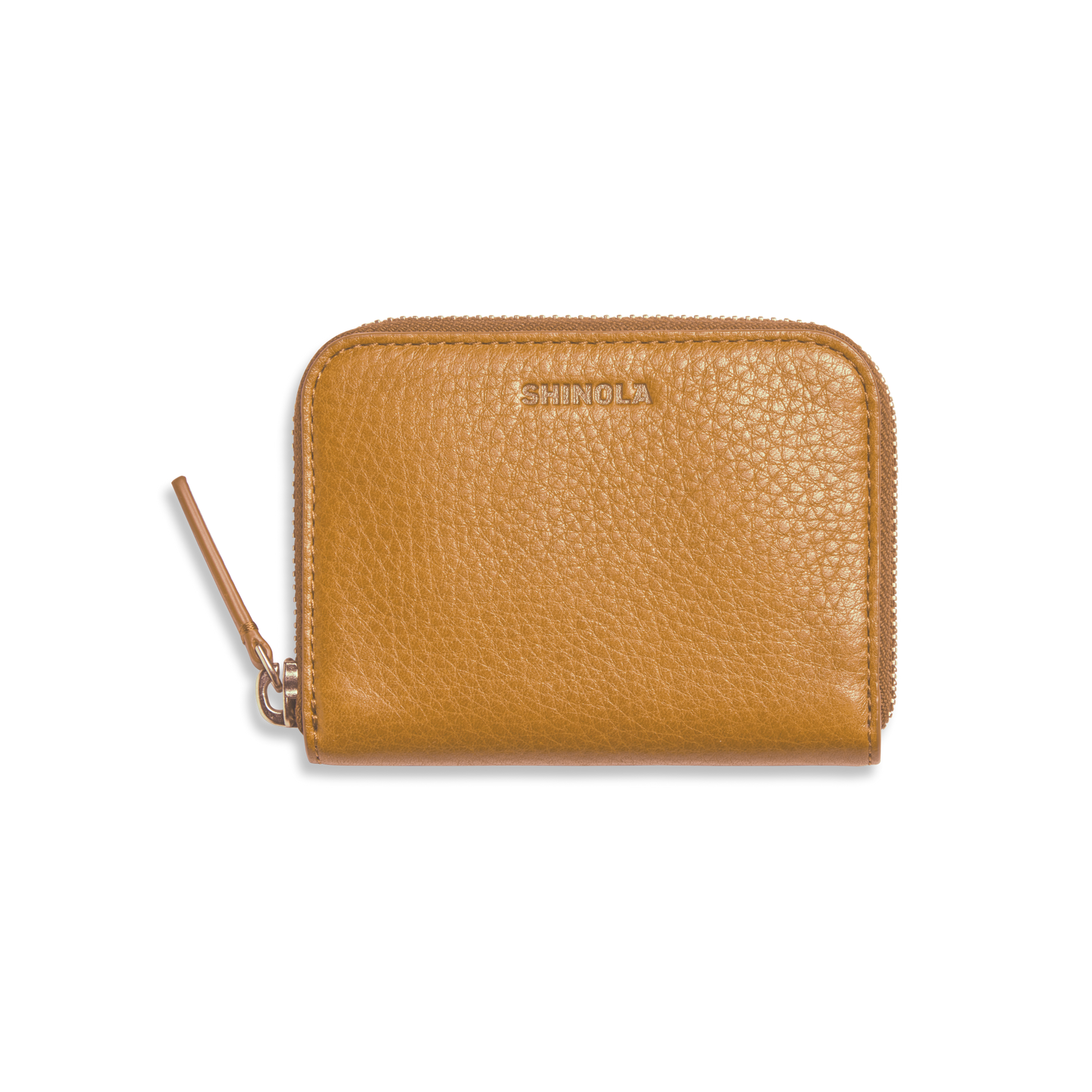 The Shinola Small Zip Wallet - Honey is crafted from natural grain leather in tan, with a textured finish and the Shinola logo embossed on the front, shown against a plain white background.