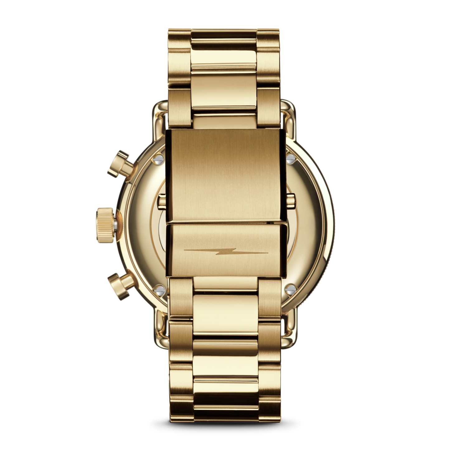 A silver stainless steel Shinola Canfield Sport Chronograph Watch is shown from the back, highlighting its brushed silver clasp and links, with side buttons and crown visible on the left of the watch case.