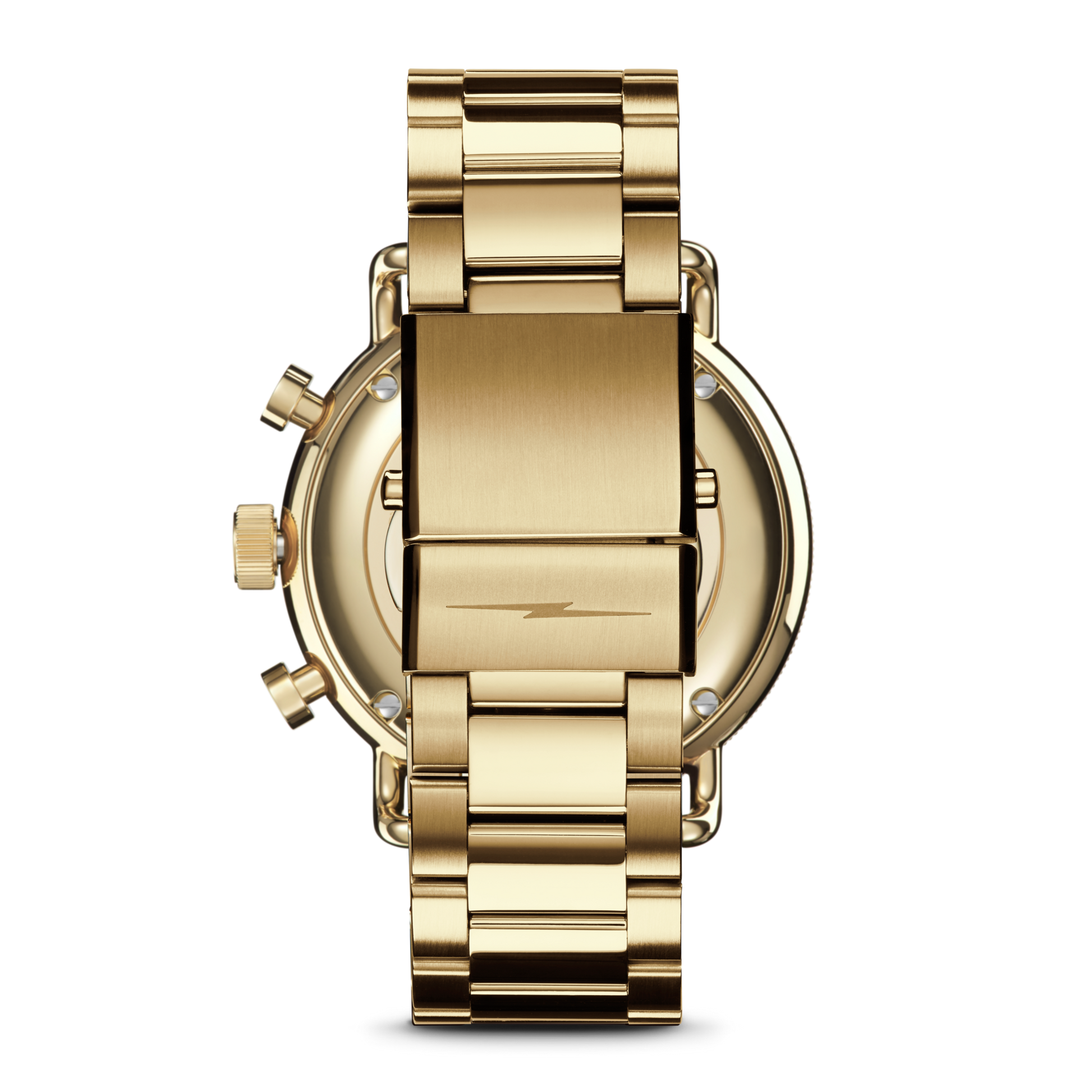 A silver stainless steel Shinola Canfield Sport Chronograph Watch is shown from the back, highlighting its brushed silver clasp and links, with side buttons and crown visible on the left of the watch case.
