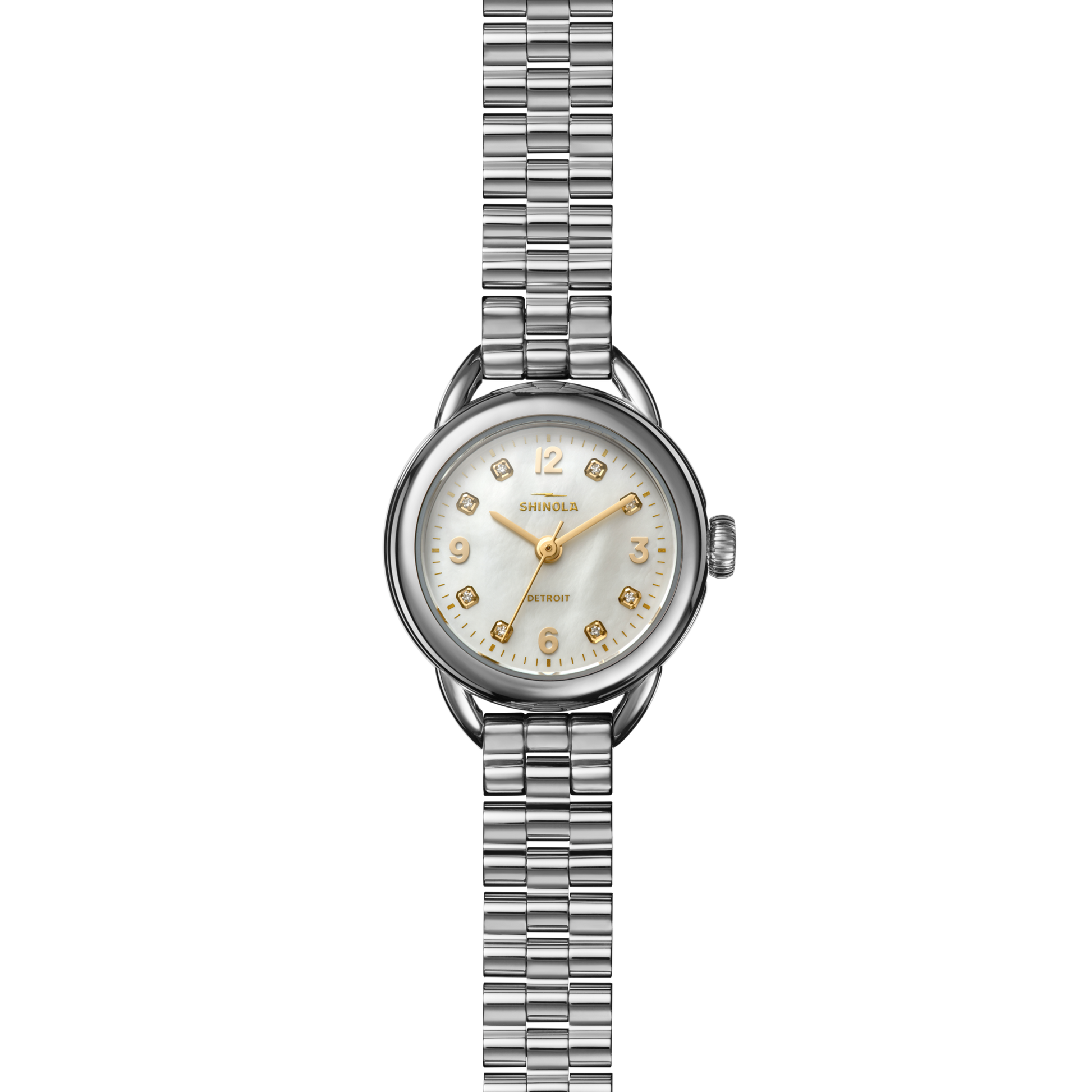 The Shinola Runabout Watch - MOP Diamond features a silver metal link band, round mother-of-pearl dial, gold hour markers, three hands, and "Shinola Detroit" on the face.