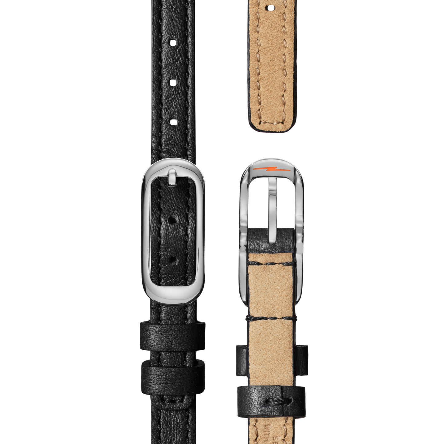 Close-up of a black leather strap with silver buckle for the Shinola Birdy Watch - Chrysocolla, featuring detailed stitching and a light tan underside, shown from both sides.