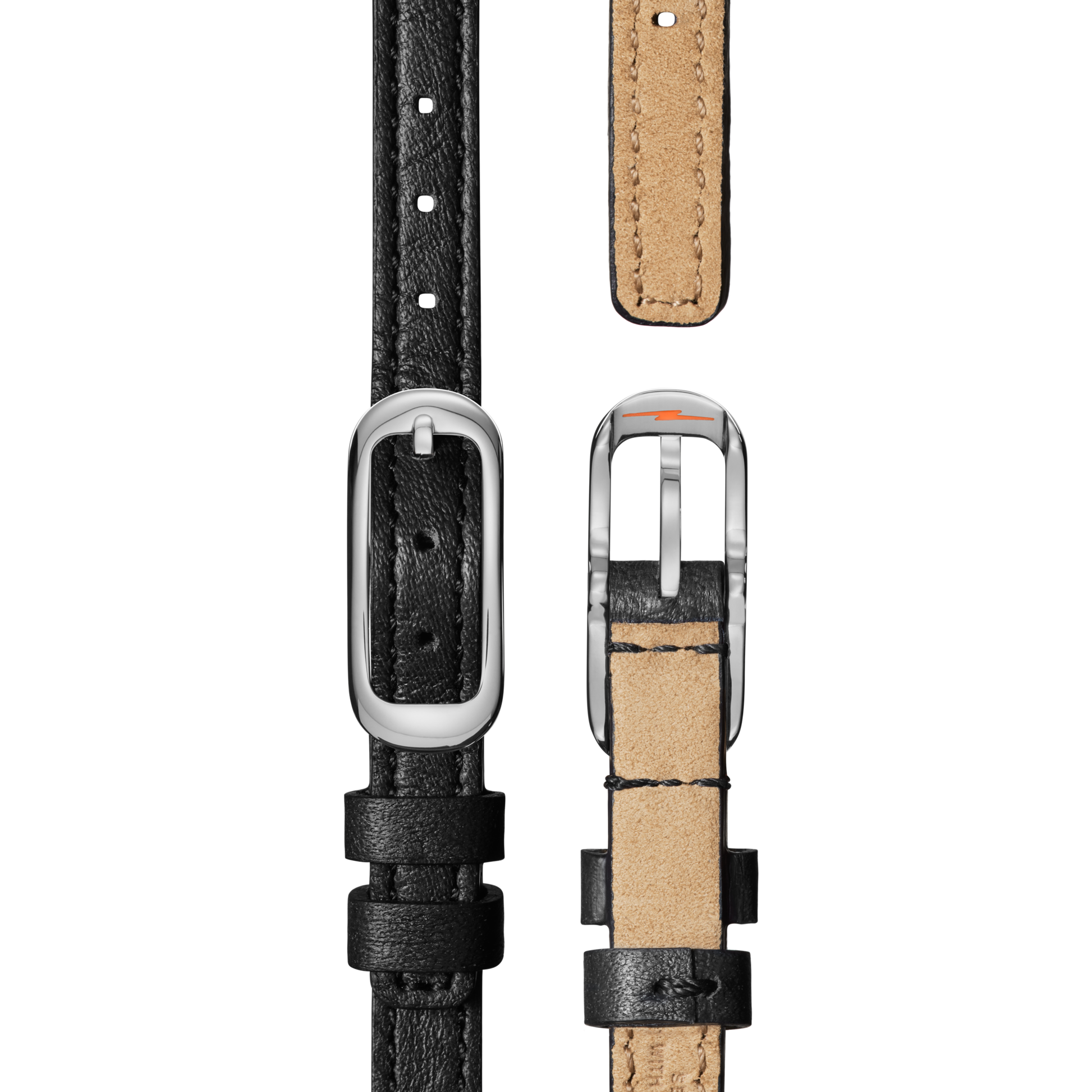 Close-up of a black leather strap with silver buckle for the Shinola Birdy Watch - Chrysocolla, featuring detailed stitching and a light tan underside, shown from both sides.