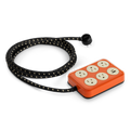 The Shinola 5 Port Power Supply - Tangerine features a tangerine body with five cream outlets, two USB A + C ports, and a long black-and-white fabric-covered cord.