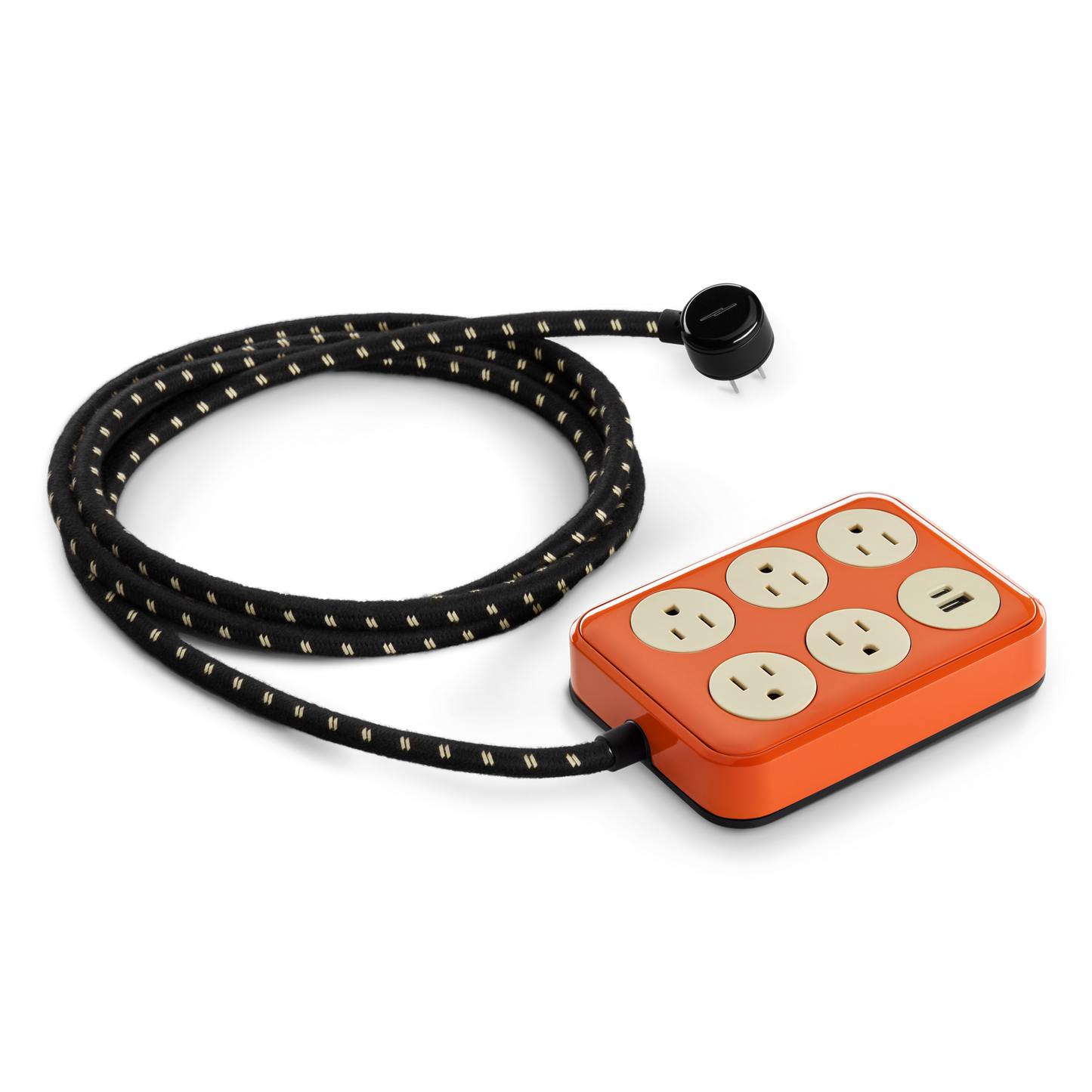The Shinola 5 Port Power Supply - Tangerine features a tangerine body with five cream outlets, two USB A + C ports, and a long black-and-white fabric-covered cord.