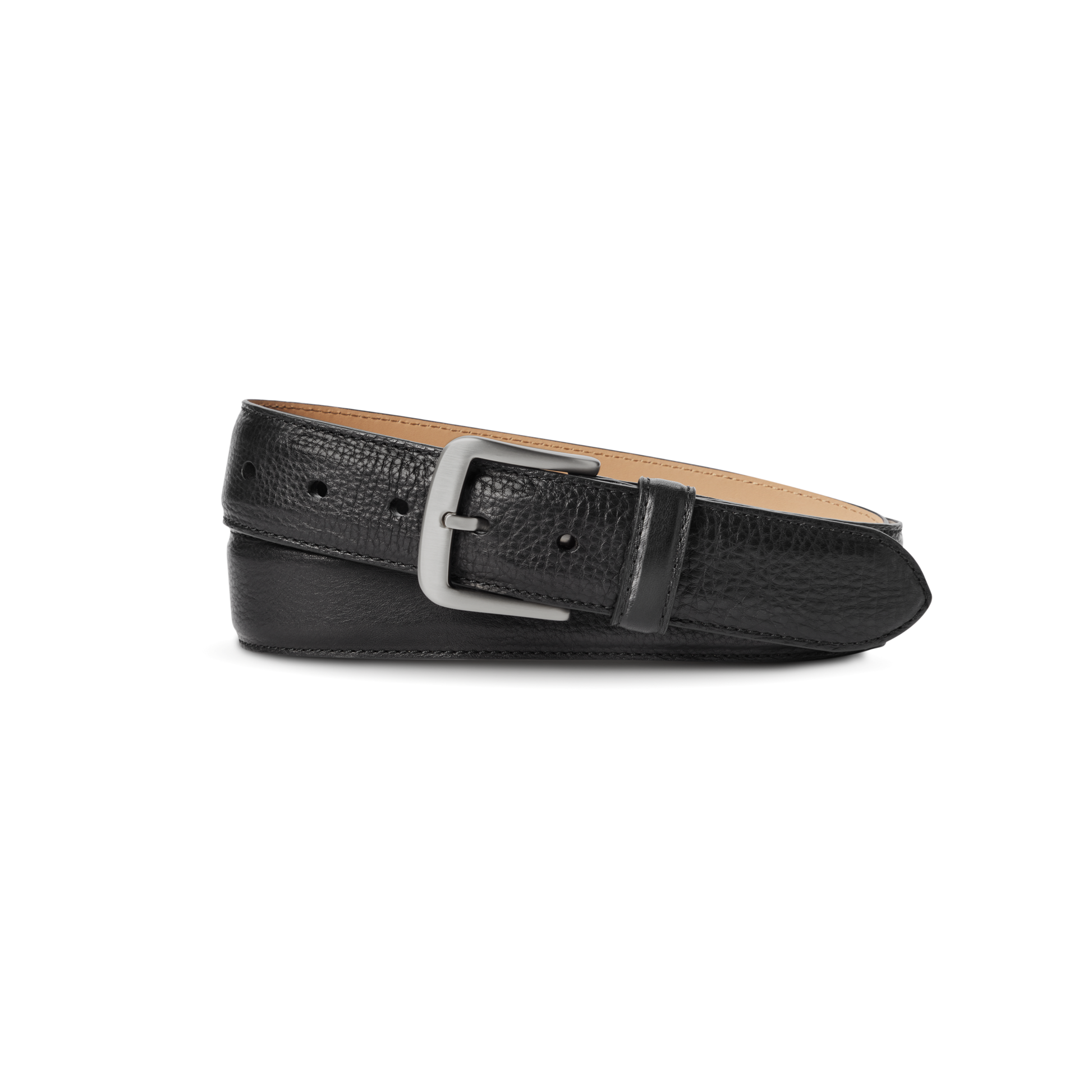 The Shinola 1 1/2" Canfield Belt in black Italian Vachetta leather with a textured finish and classic buckle is displayed coiled on a plain white background.