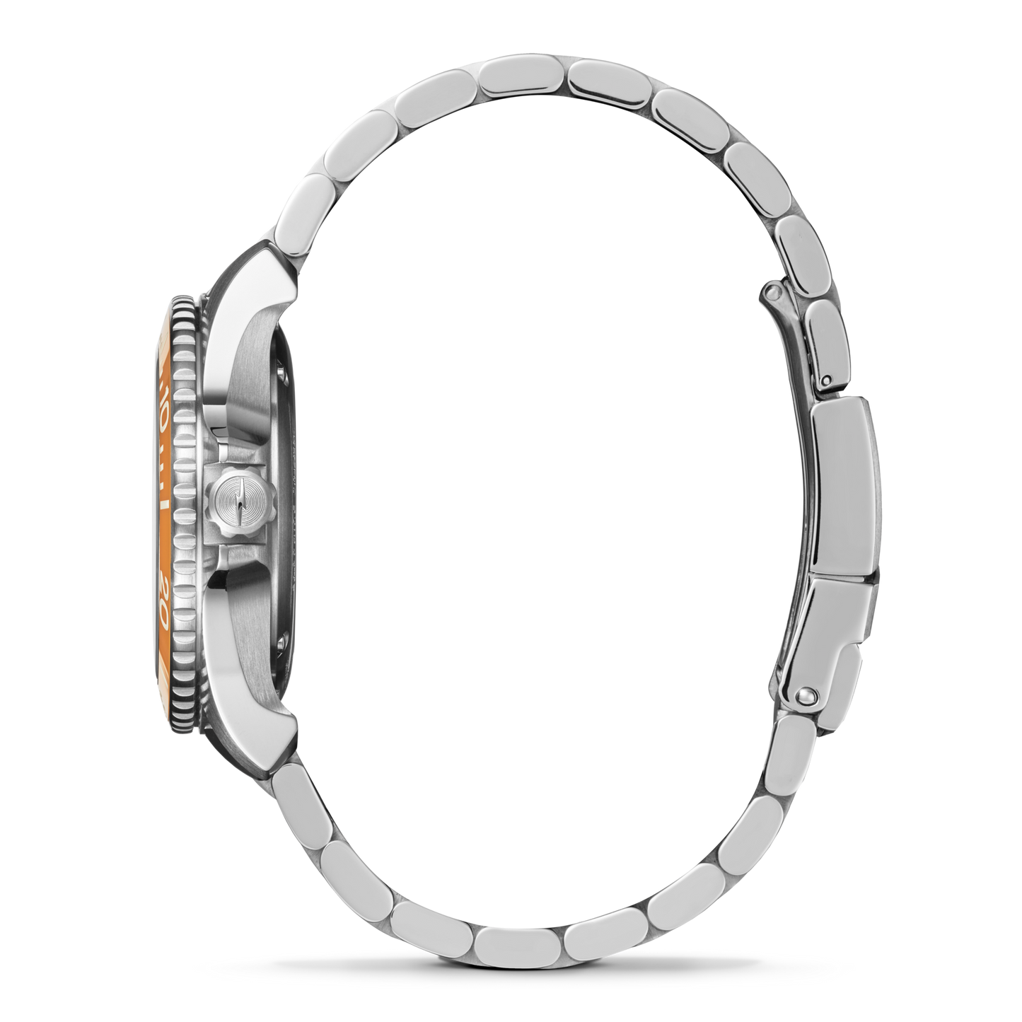 Side view of the Shinola Lake Huron Monster Automatic Dive Watch–Lake Huron, featuring a stainless steel link band, silver crown, round face with an orange bezel, with the open band displaying its clasp and links.