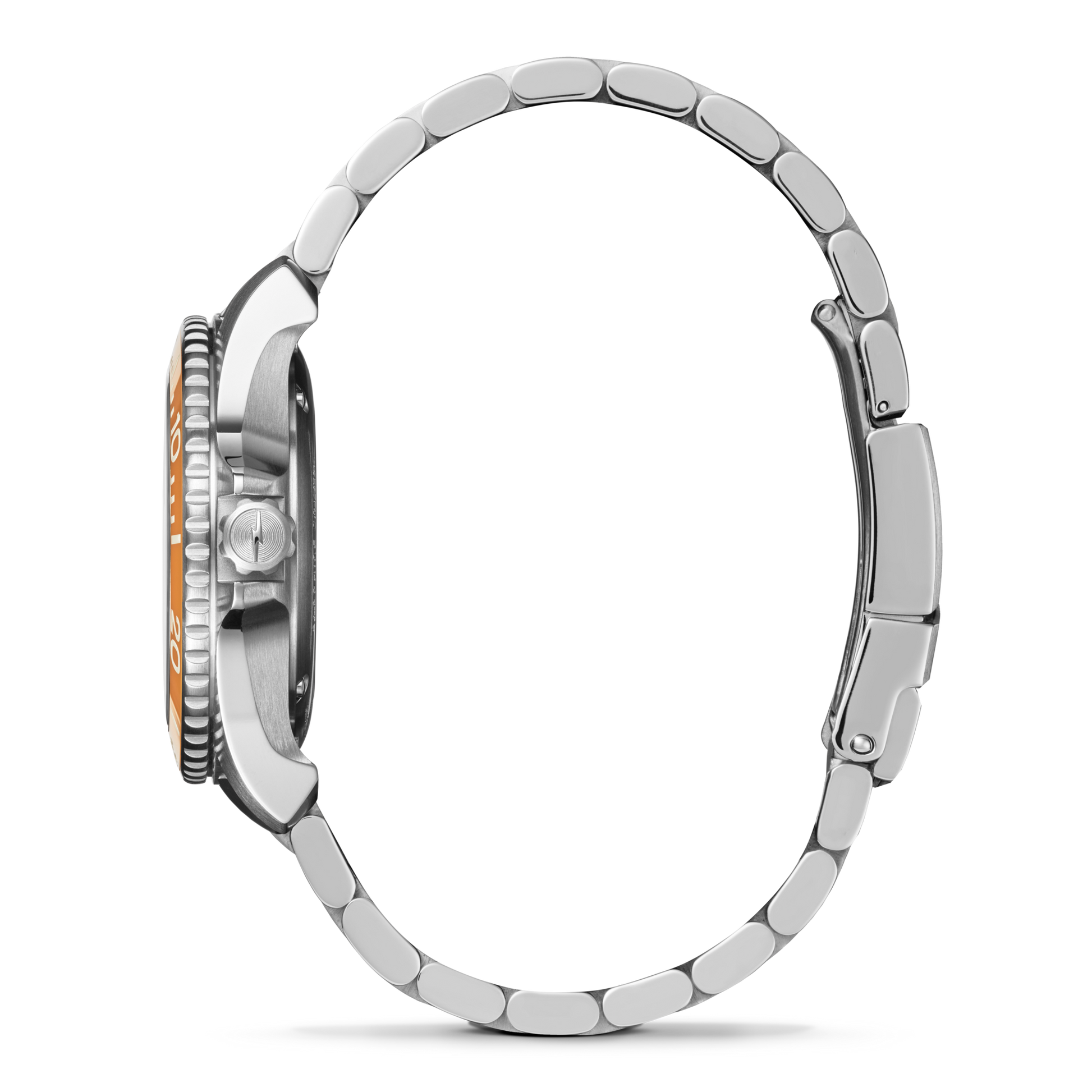 Side view of the Shinola Lake Huron Monster Automatic Dive Watch–Lake Huron, featuring a stainless steel link band, silver crown, round face with an orange bezel, with the open band displaying its clasp and links.