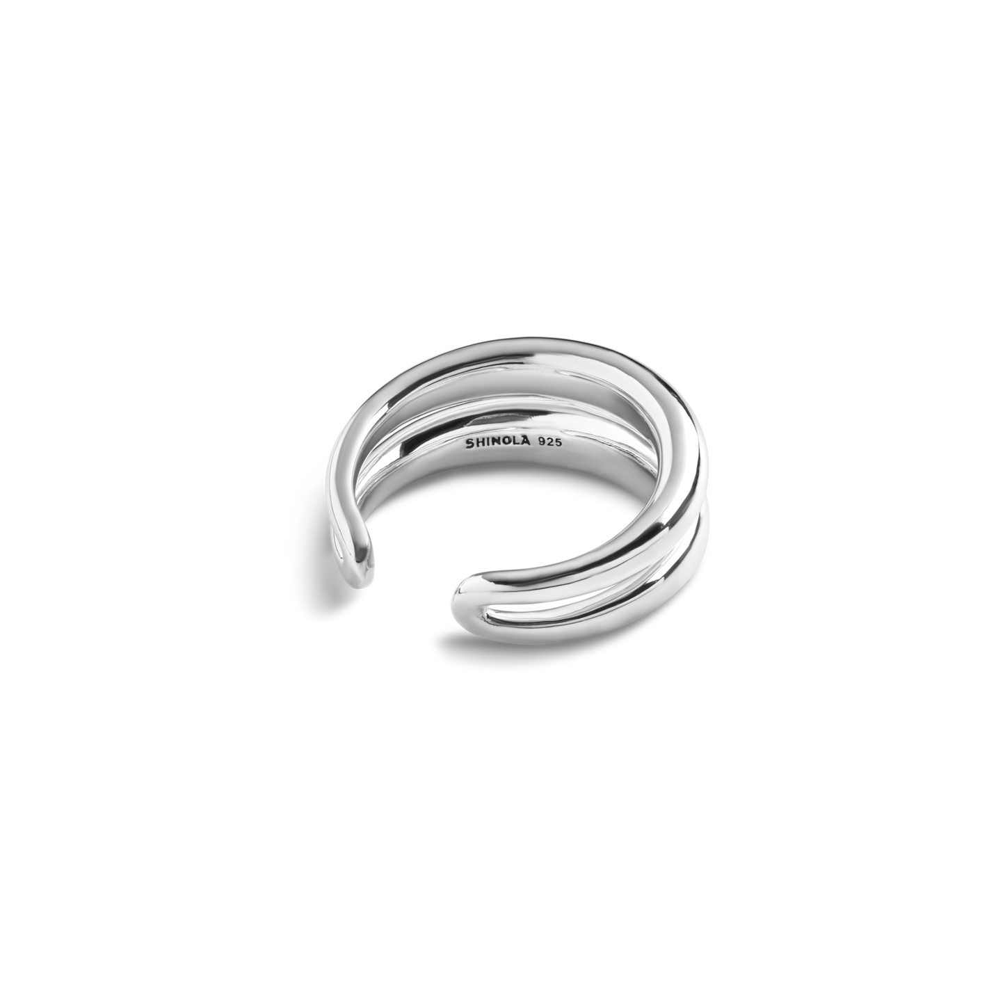 The Shinola Signature Link Adjustable Ring - Sterling Silver features a polished double-band, open-ended design engraved with SHINOLA 925 inside, offering a bold handmade statement against a plain white background.