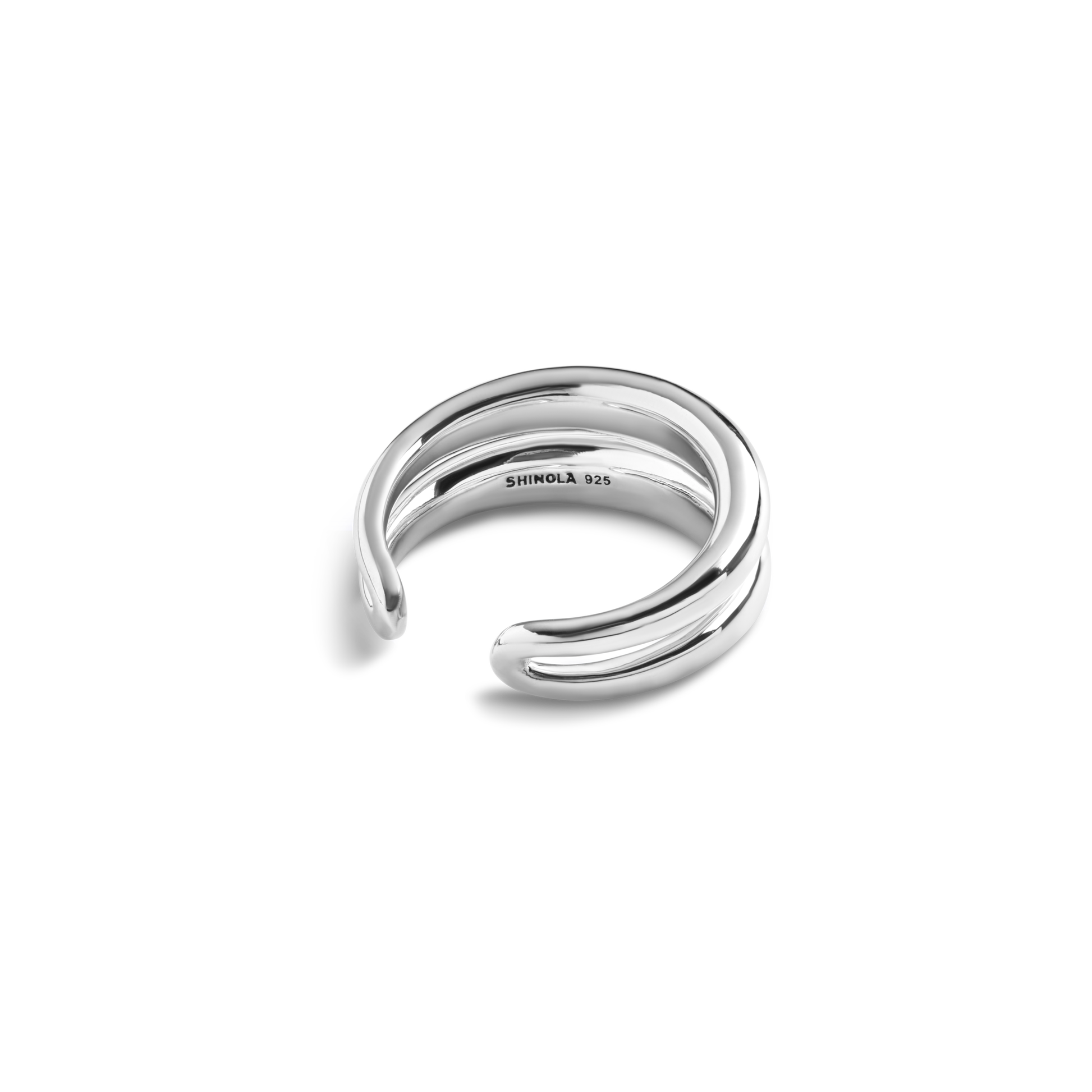 The Shinola Signature Link Adjustable Ring - Sterling Silver features a polished double-band, open-ended design engraved with SHINOLA 925 inside, offering a bold handmade statement against a plain white background.