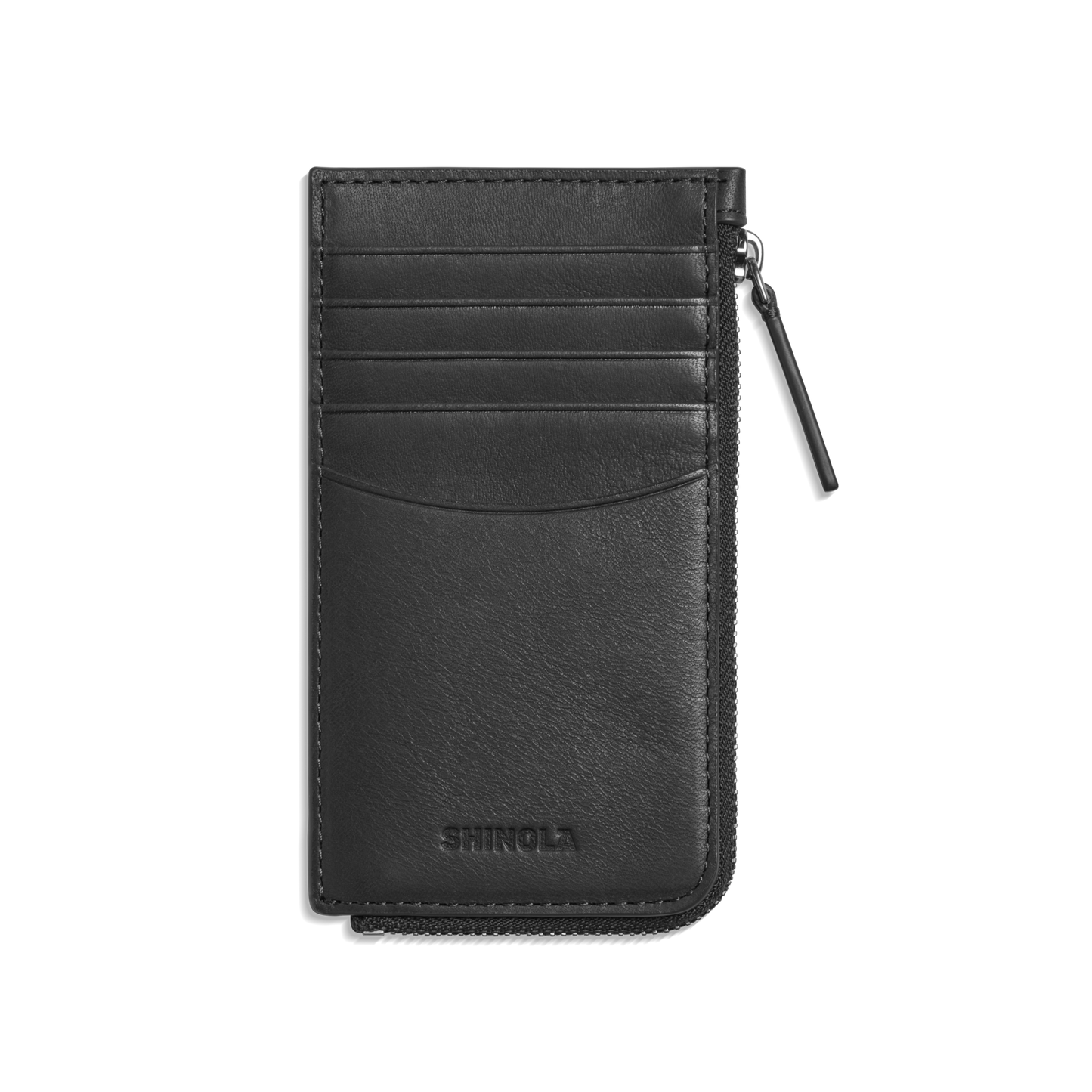 The Zip Around Card Case - Black by Shinola features multiple card pockets, a curved central pocket, a right-side zipper, and the embossed Shinola logo at the bottom.