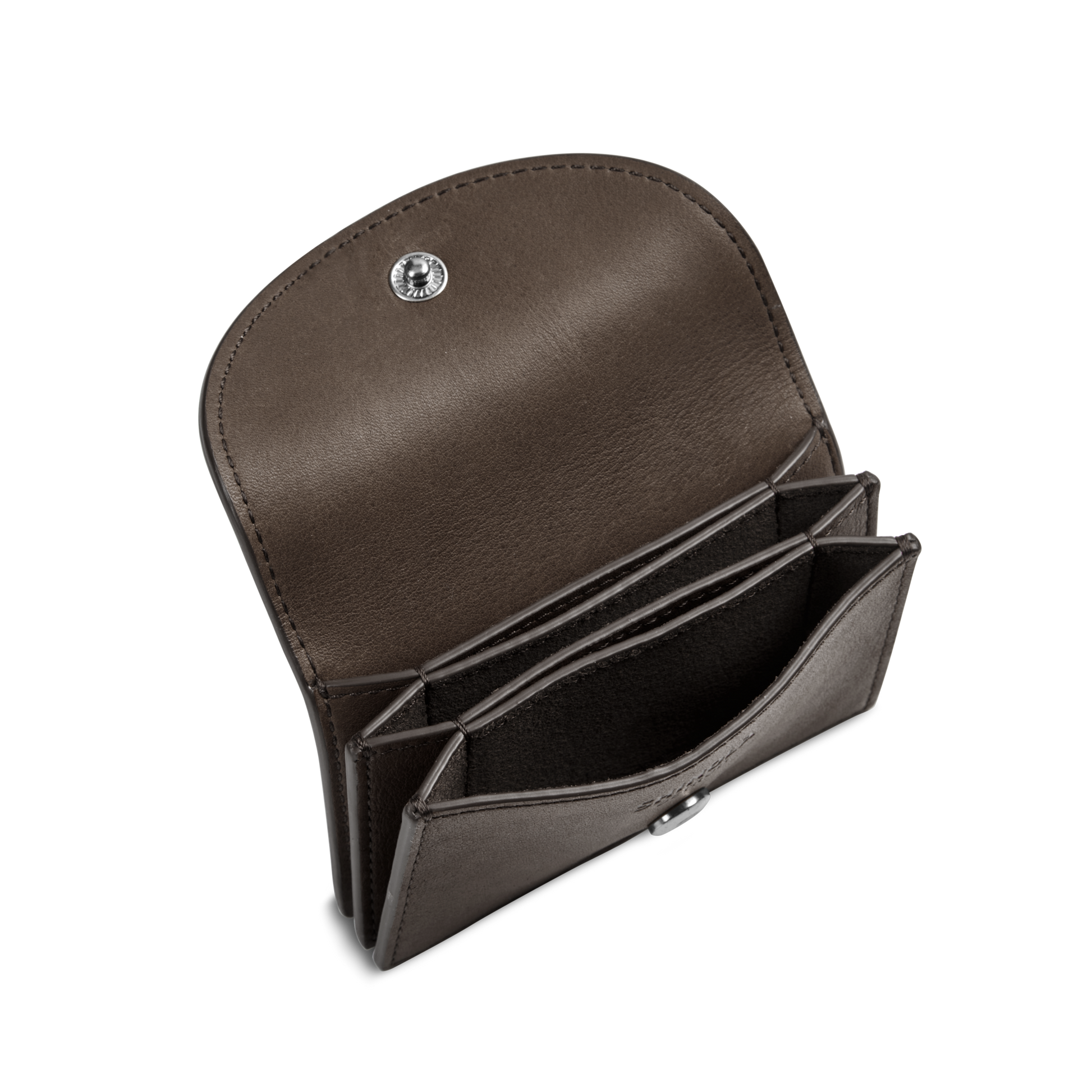 The Shinola Birdy Accordion Card Case Espresso is a natural leather wallet with a snap button, featuring multiple card pockets and compartments, shown on a plain white background—perfect for organizing your essentials.