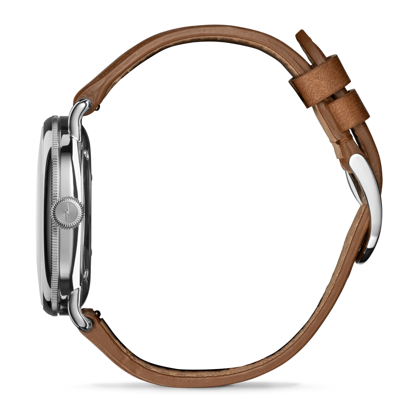 Side view of the Shinola Canfield Watch with blue dial, round stainless steel case, textured crown, and tan leather strap showing buckle and stitching. Argonite 705 movement featured; watch face not visible.