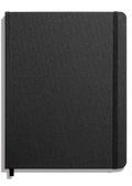 The Shinola Large Hard Ruled Journal - Black features a textured linen hardcover, smyth-sewn binding for lasting durability, an elastic closure on the right side, and a ribbon bookmark.