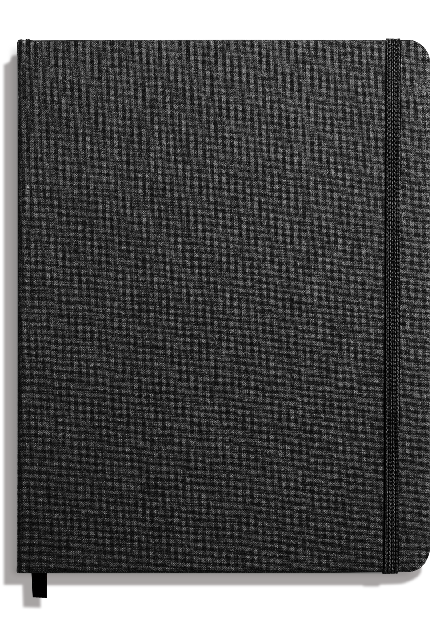 The Shinola Large Hard Ruled Journal - Black features a textured linen hardcover, smyth-sewn binding for lasting durability, an elastic closure on the right side, and a ribbon bookmark.