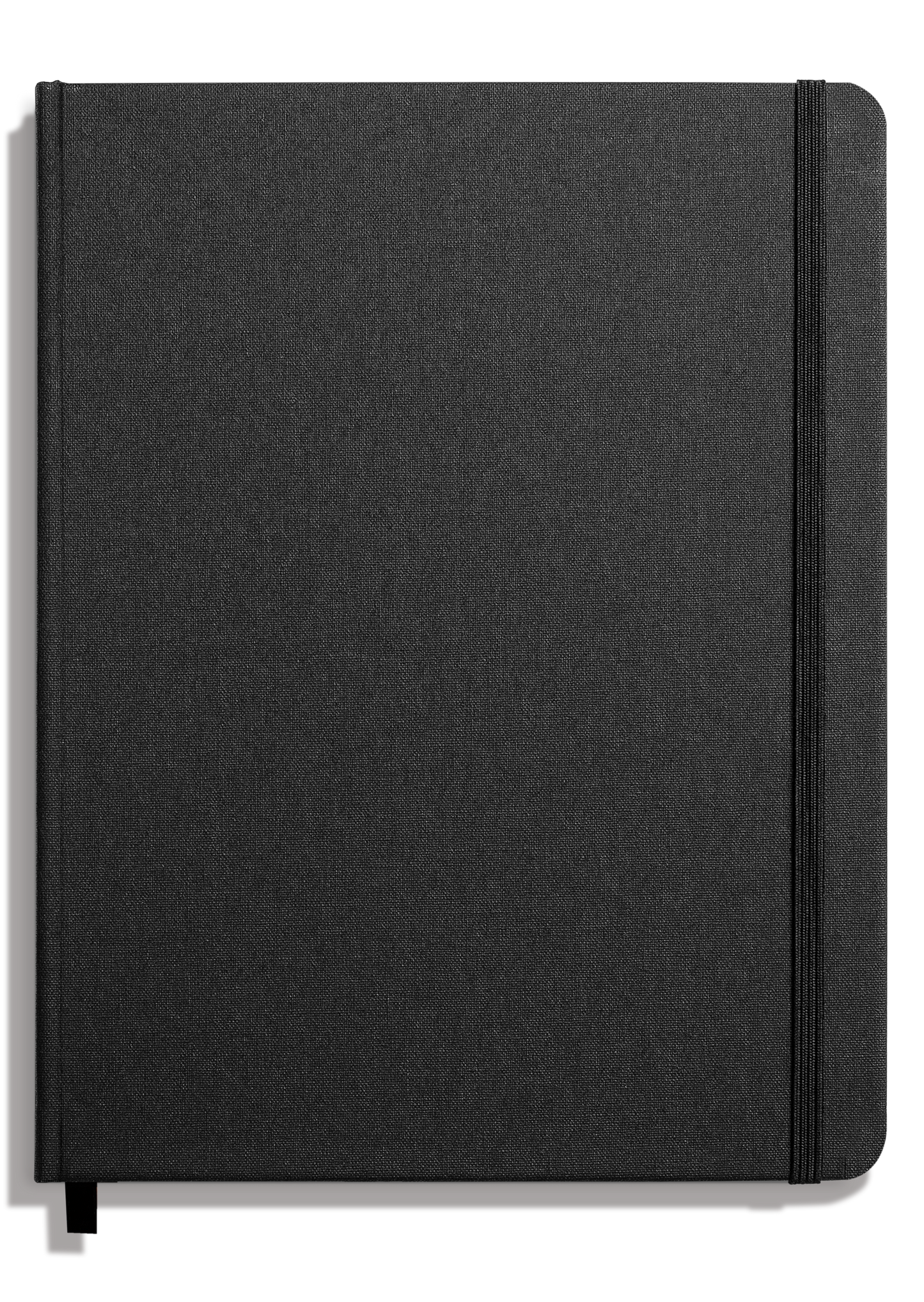 The Shinola Large Hard Grid Journal - Black features a plain, closed black linen cover with smyth-sewn binding, an elastic band along the right edge, and a black ribbon bookmark. No markings or text appear on the cover.
