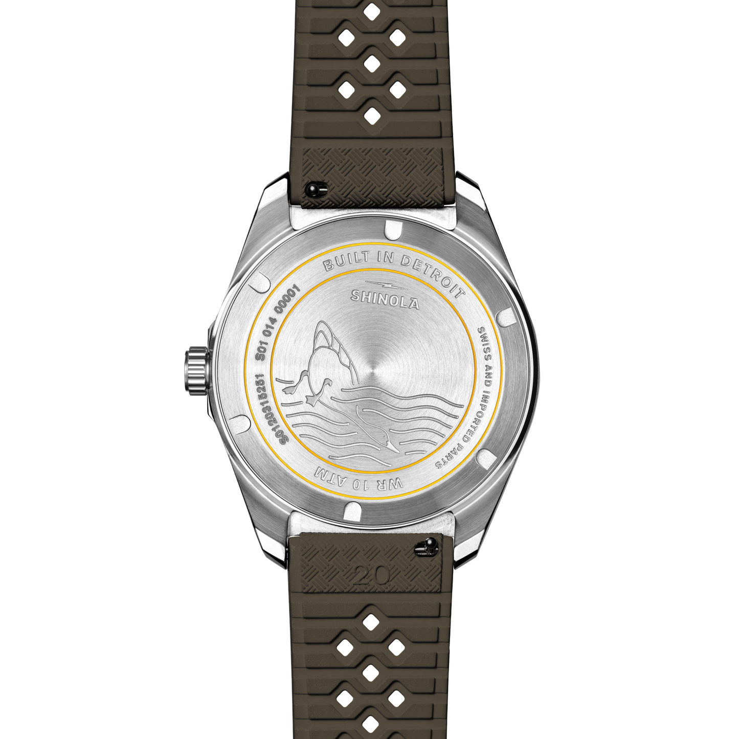 The Shinola Duck Watch - Mallard Brown boasts a brown perforated strap, engraved text, fish and water design, and "Built in Detroit" on the back, making it a rugged choice for reliable skin-diving adventures.
