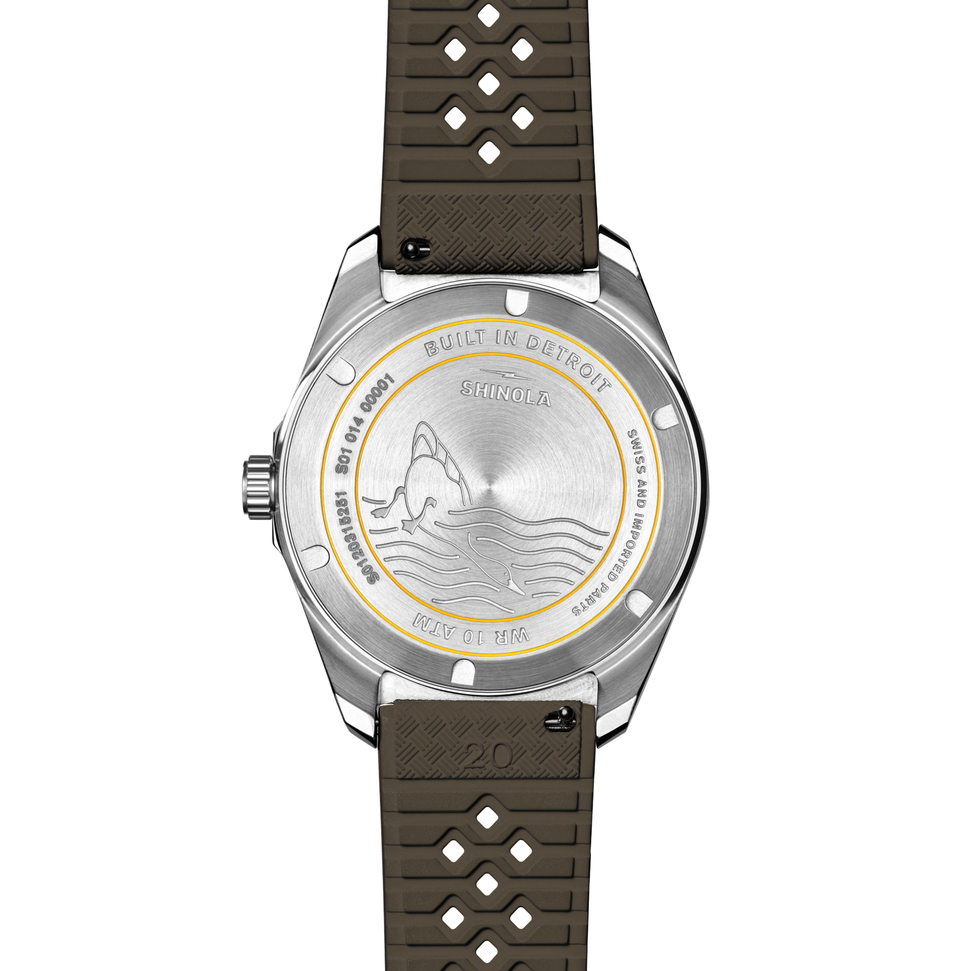The Shinola Duck Watch - Mallard Brown boasts a brown perforated strap, engraved text, fish and water design, and "Built in Detroit" on the back, making it a rugged choice for reliable skin-diving adventures.