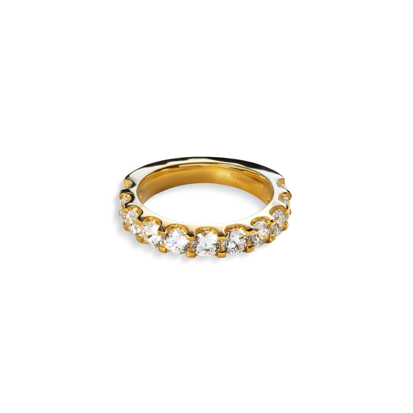 The Shinola 2 Carat Diamond Anniversary Band YG showcases a row of round natural diamonds set in 14k yellow gold, elegantly displayed against a plain white background.