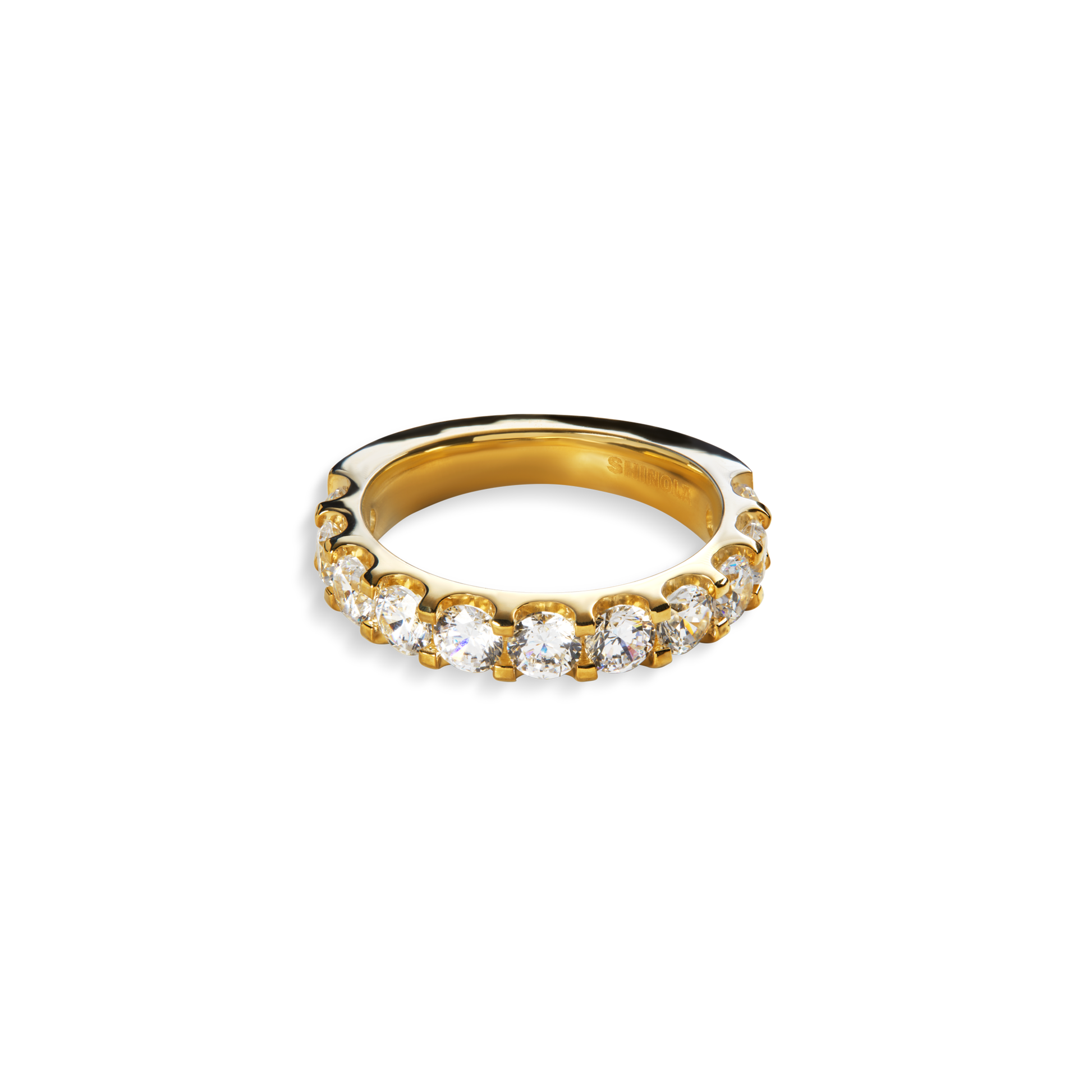 The Shinola 2 Carat Diamond Anniversary Band YG showcases a row of round natural diamonds set in 14k yellow gold, elegantly displayed against a plain white background.