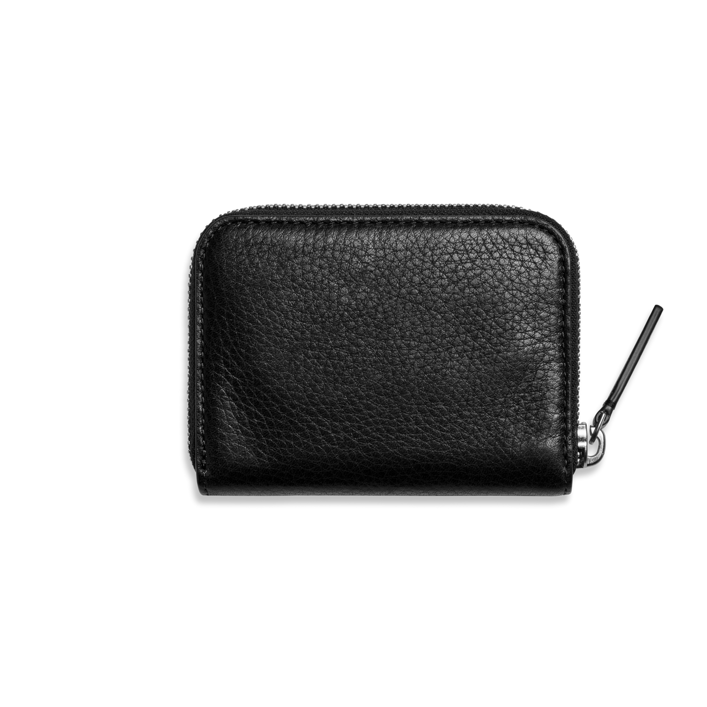 The Shinola Small Zip Wallet - Black, made from natural grain leather with a textured finish, is shown against a white background. The zipper pull appears on the right, emphasizing this accessory’s compact and sleek design.