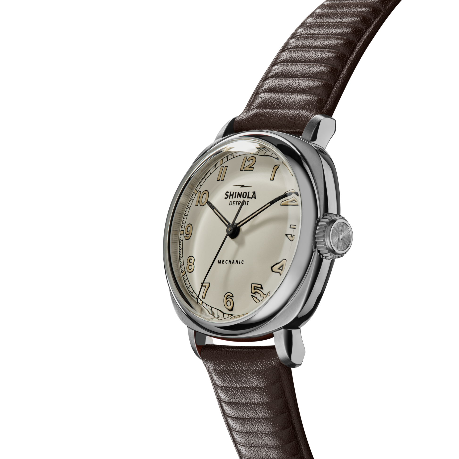 The Shinola Mechanic Watch - Alabaster features a cream dial with Arabic numerals and a brown leather strap, shown on a white background.