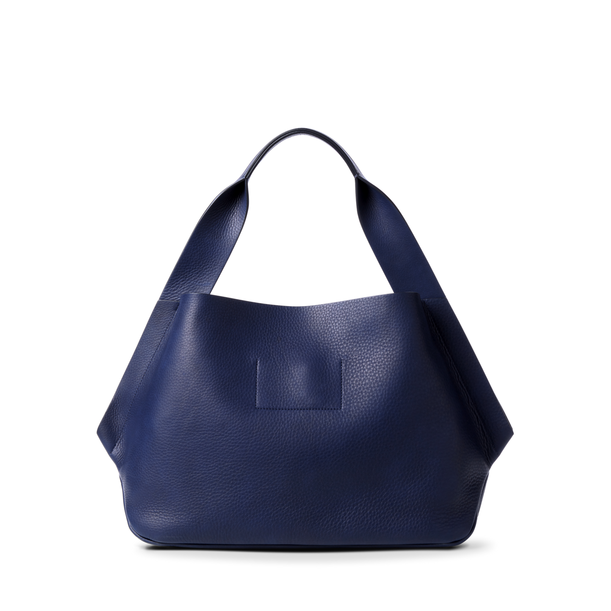 The Shinola Runwell Shoulder Bag - Lake is a large, deep blue bag with a wide handle, minimalist design, and a leather card pocket, shown against a plain white background.