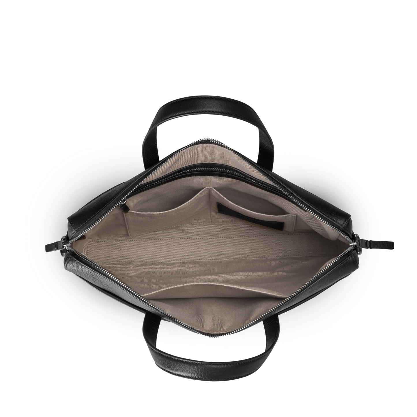Top view of the Shinola Canfield Briefcase - Black Pebbled Leather, featuring a beige fabric interior and multiple inner pockets for organized commuting.