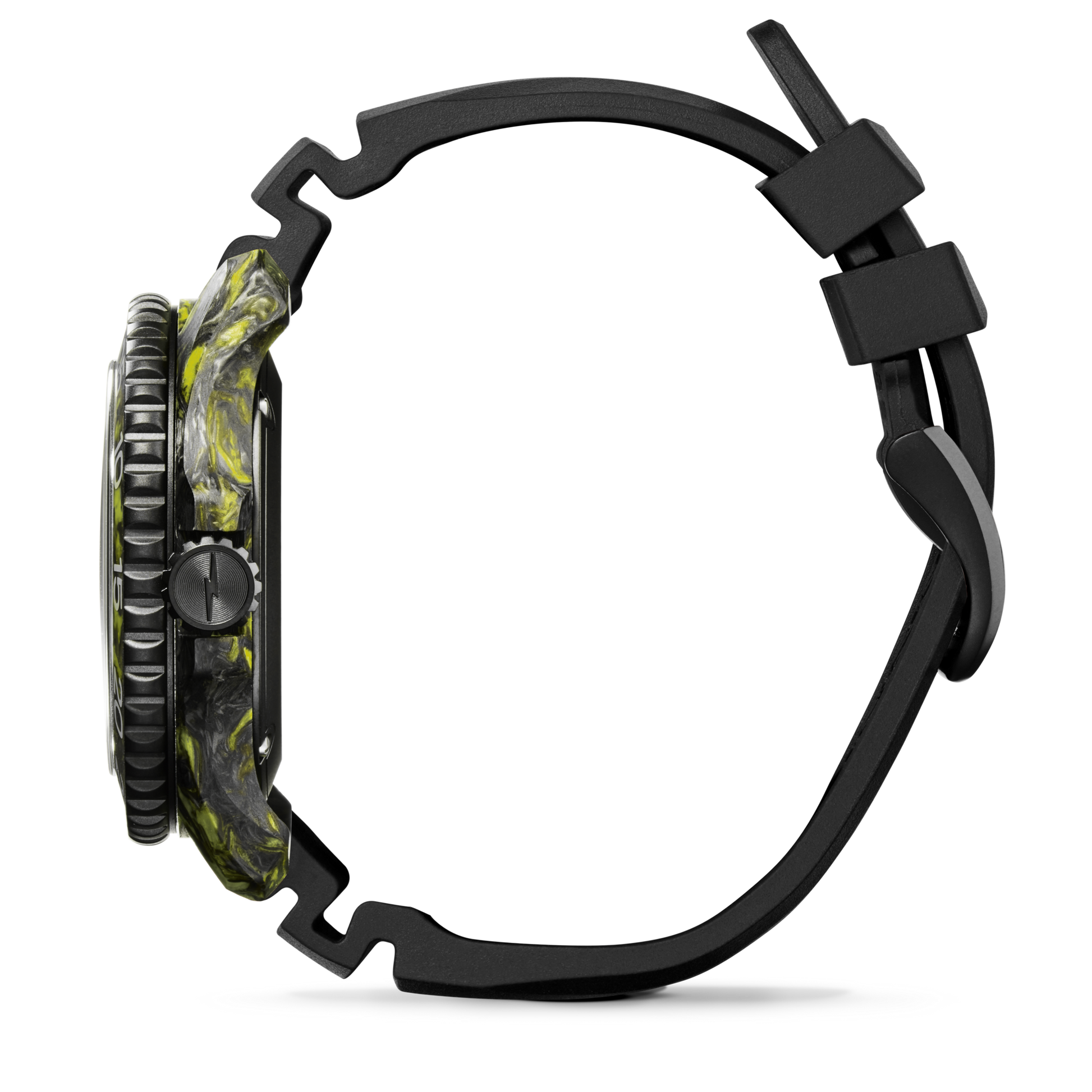 Side view of the Shinola Forged Carbon Monster Watch, featuring a black band, a forged carbon case with a marbled black and yellow pattern, textured bezel, and a black crown on the left side.