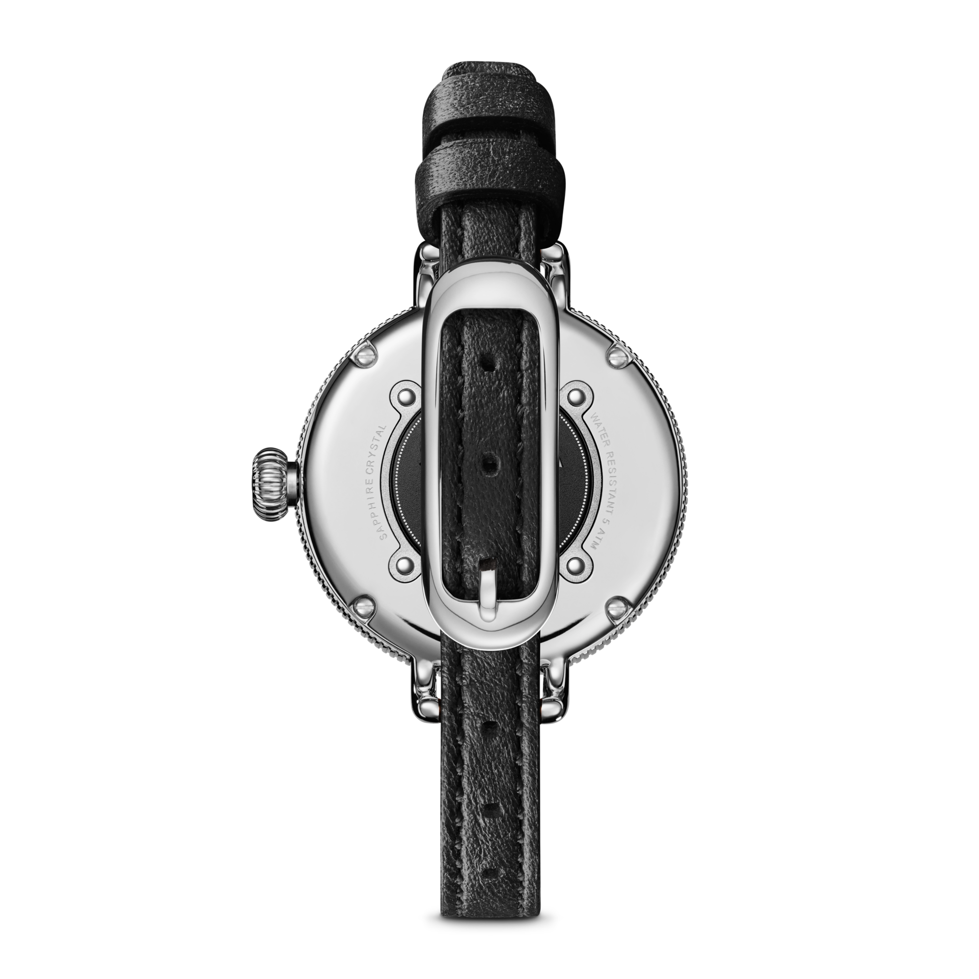 A close-up of the Shinola Birdy Watch - Chrysocolla shows its round silver case, detailed inscriptions on the back, and a black leather buckle strap from the stone dial Birdy Collection.