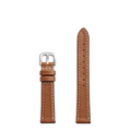 Two pieces of the Shinola 16mm Leather Watch Strap in tan, with white stitching—one has a silver buckle and loops, the other has multiple holes—are shown on a white background. Compatible with Bixby watches (29mm x 34mm).