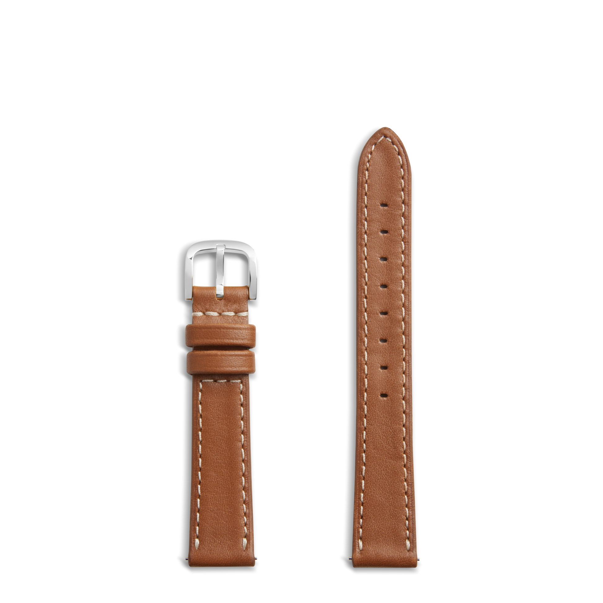 Two pieces of the Shinola 16mm Leather Watch Strap in tan, with white stitching—one has a silver buckle and loops, the other has multiple holes—are shown on a white background. Compatible with Bixby watches (29mm x 34mm).