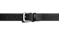 The Shinola 1 1/2" Double Stitch Belt - Black features premium leather, black stitching detail, a silver rectangular buckle, and multiple adjustment holes, displayed on a plain white background.