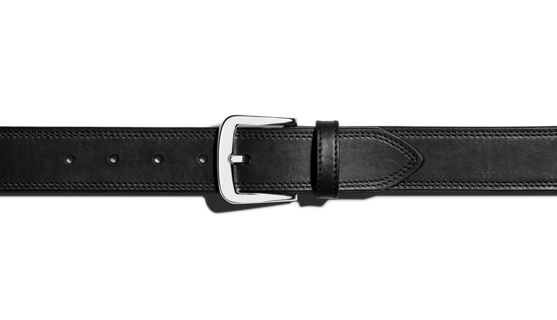 The Shinola 1 1/2" Double Stitch Belt - Black features premium leather, black stitching detail, a silver rectangular buckle, and multiple adjustment holes, displayed on a plain white background.