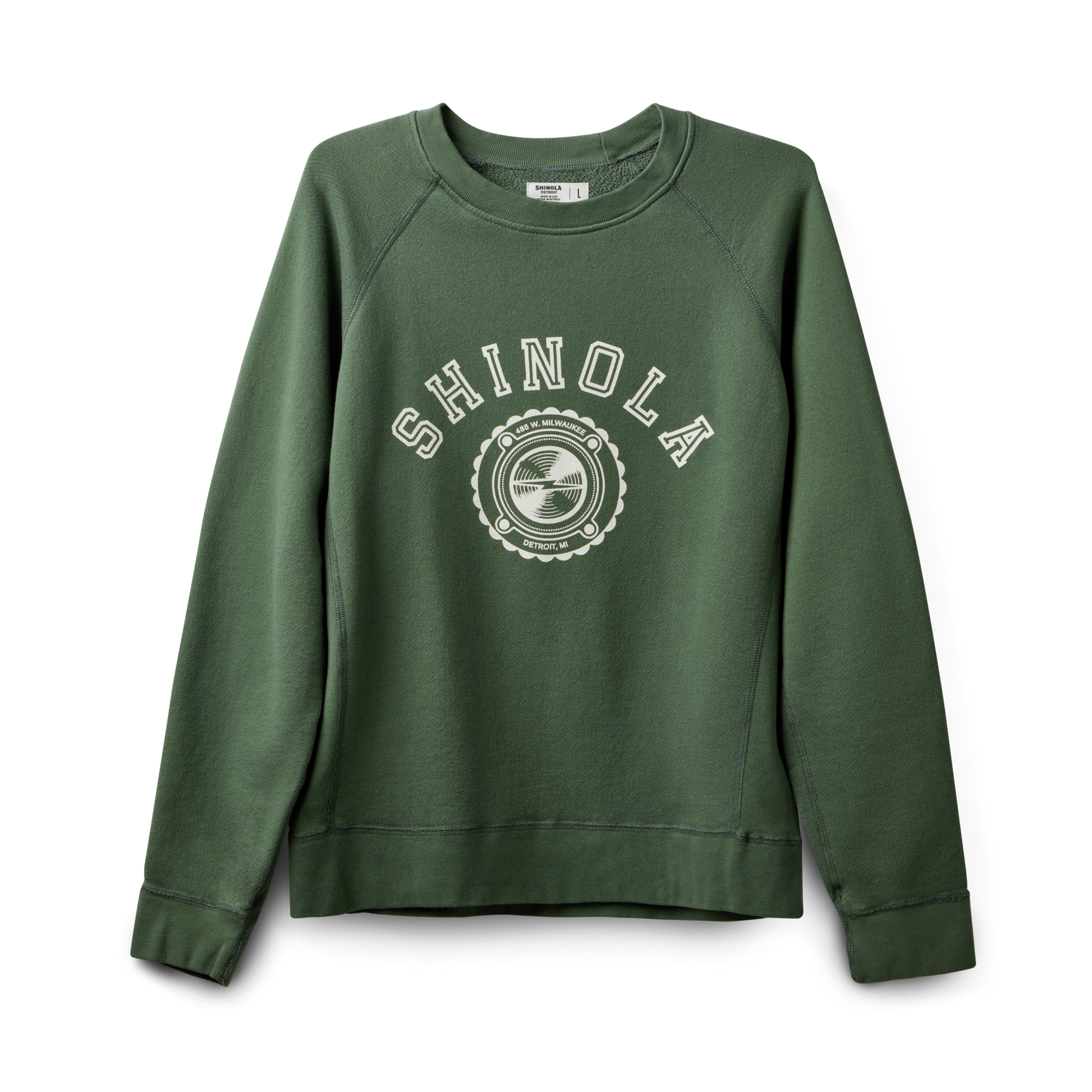 The Shinola Logo Sweatshirt - Leaf is a green unisex French Terry sweatshirt featuring a white SHINOLA logo and circular design on the chest, with long sleeves and ribbed cuffs and hem for comfort.