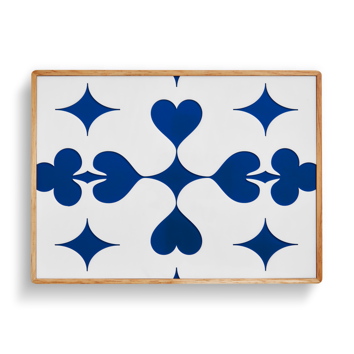 Rectangular tray with a wooden edge and white surface, featuring blue heart and star shapes—ideal for displaying custom poker chips from your Shinola Lacquered Wood Poker Set - Cream / Blue.
