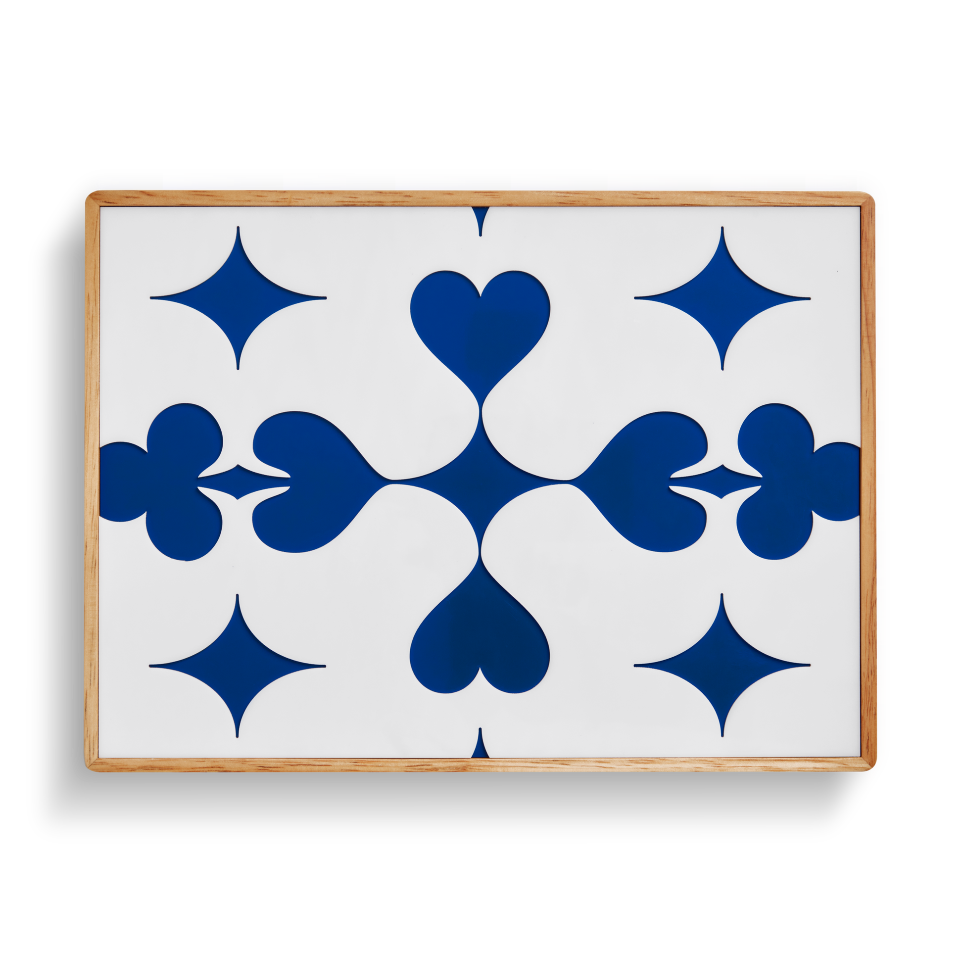 Rectangular tray with a wooden edge and white surface, featuring blue heart and star shapes—ideal for displaying custom poker chips from your Shinola Lacquered Wood Poker Set - Cream / Blue.