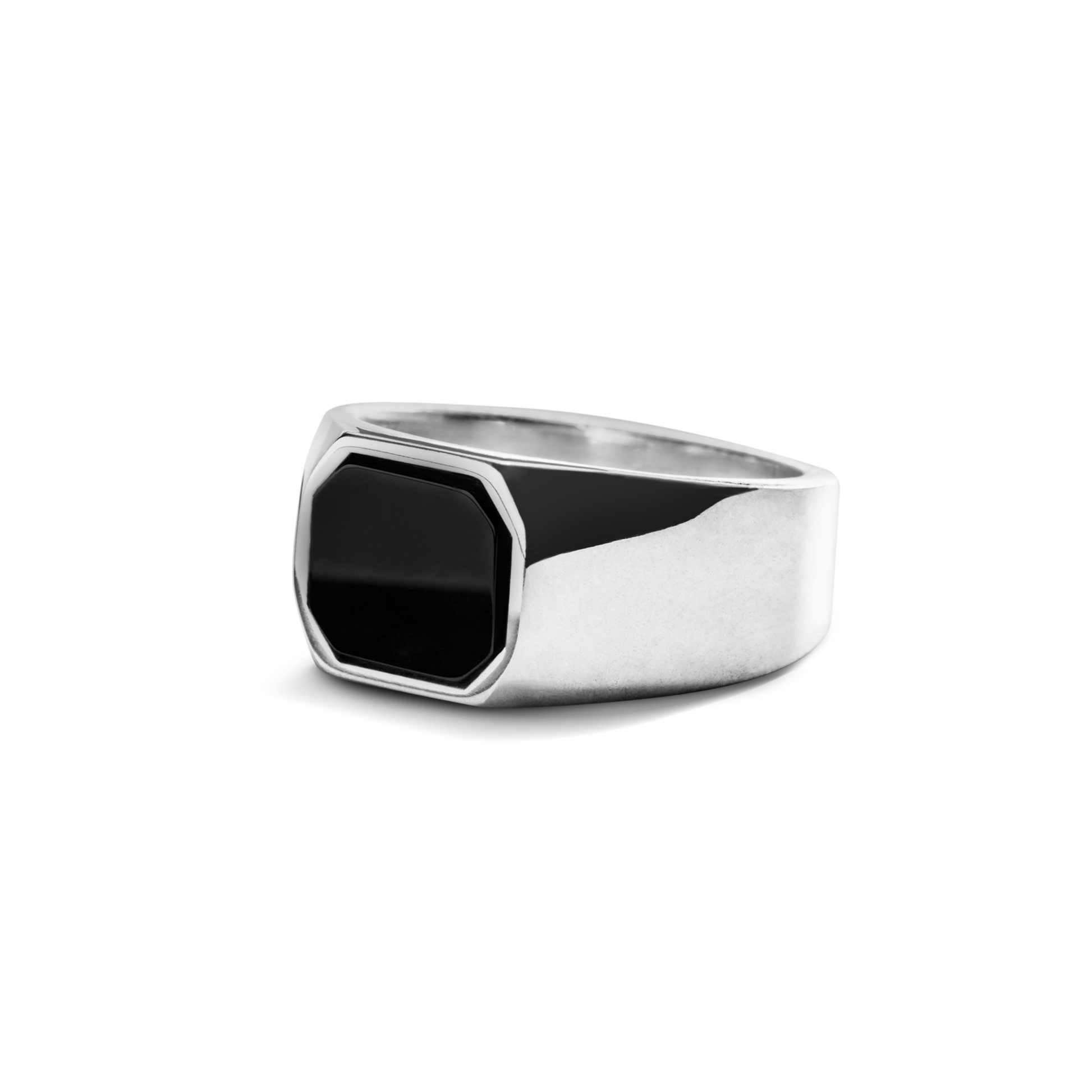 The Shinola Octagonal Onyx Signet Ring in sterling silver features a flat, octagonal Black Onyx stone atop a sleek band, shown on a white background.