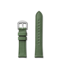 The Shinola 20mm Green Leather Watch Strap features visible edge stitching and a silver buckle. Shown in two pieces on a white background, it’s designed to complement your Runwell Automatic or Omaha watch.