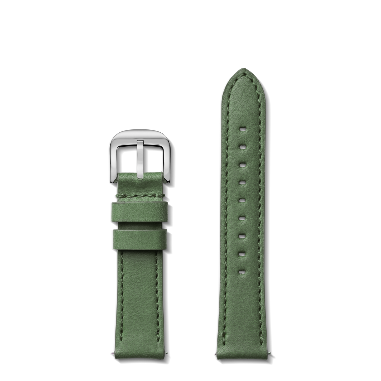 The Shinola 20mm Green Leather Watch Strap features visible edge stitching and a silver buckle. Shown in two pieces on a white background, it’s designed to complement your Runwell Automatic or Omaha watch.
